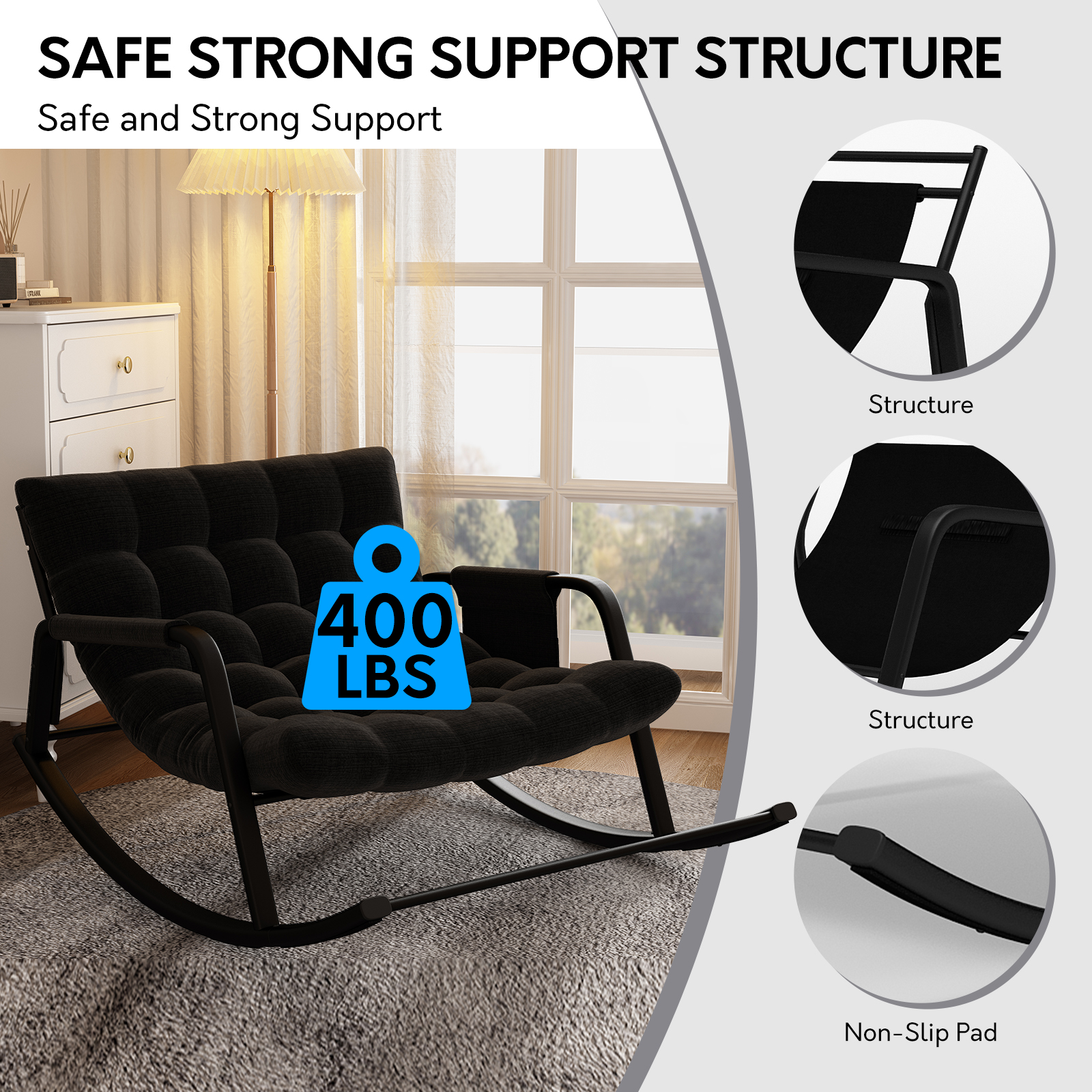 Ninecer Patio Rocking Chair Indoor, Comfy Rocker Chair for Living Room, 400lbs Steel patio Lounge Rocker Recliner Chair with Storage Bag for Adults, Black - Image 5