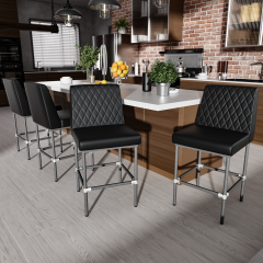 26 Inch Counter Height Bar Stools Set of 4,Industrial Low Back Leather Bar Stools For Home Kitchen Island,Square Seat Bar Chair with Metal Leg 350lbs, Black