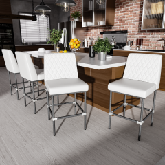 26 Inch Counter Height Bar Stools Set of 4,Industrial Low Back Leather Bar Stools For Home Kitchen Island,Square Seat Bar Chair with Metal Leg 350lbs, White