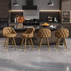 Ninecer Velvet Swivel Bar Stools Set of 4, 26" Counter Height Tufted Bar Chairs with Low Back, Round Upholstered Seat, Gold Legs, Footrest, 300lbs Capacity for Kitchen Island, Brown