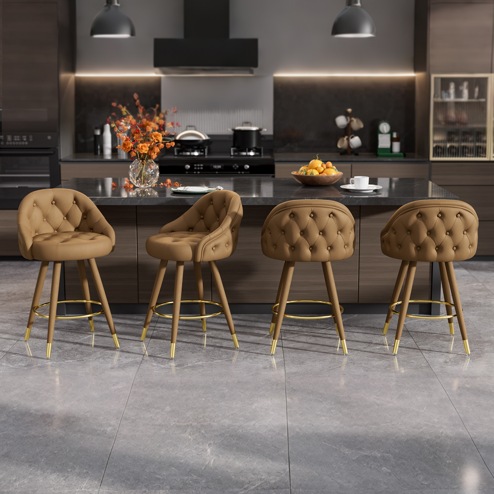 Ninecer Velvet Swivel Bar Stools Set of 4, 26" Counter Height Tufted Bar Chairs with Low Back, Round Upholstered Seat, Gold Legs, Footrest, 300lbs Capacity for Kitchen Island, Brown