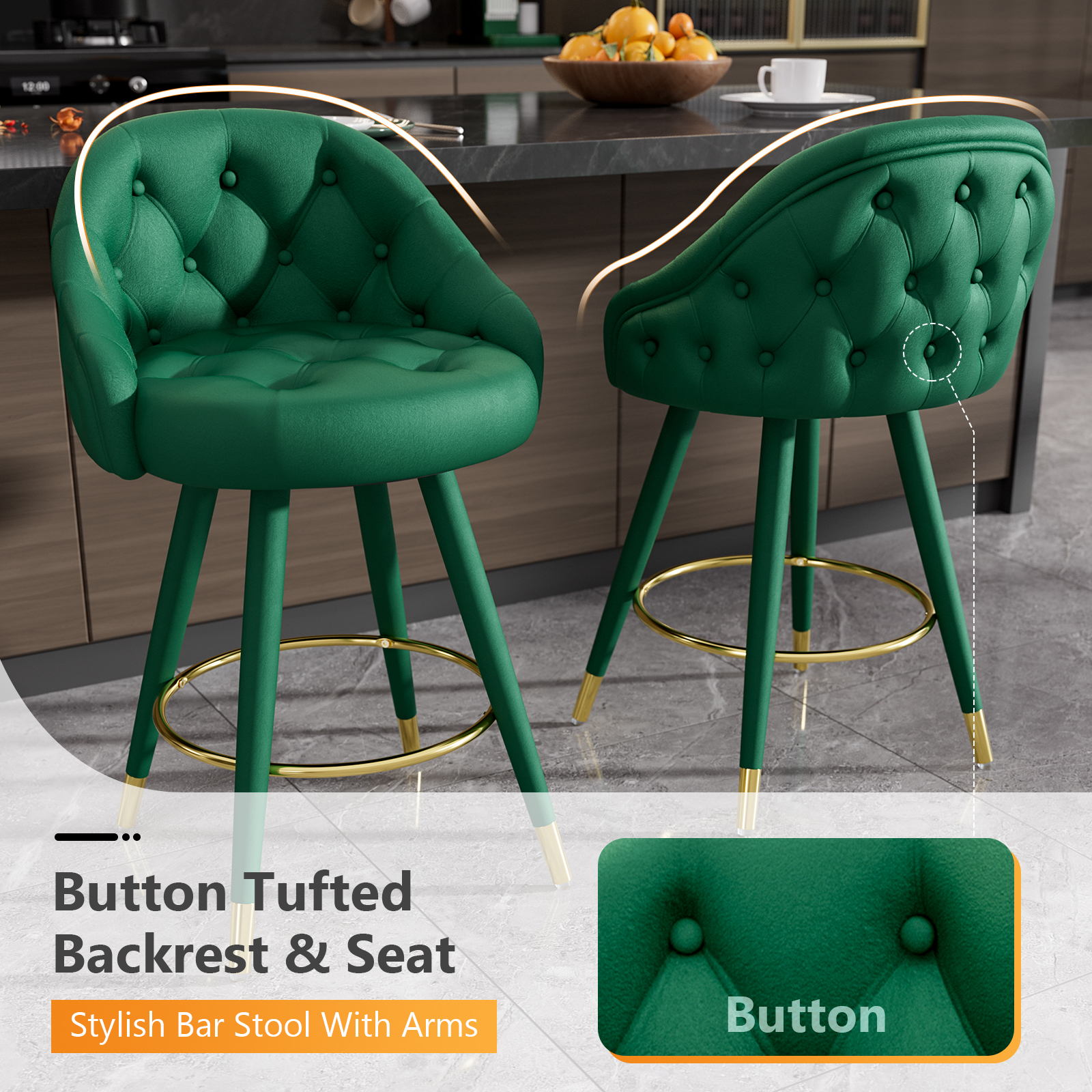 Ninecer Velvet Swivel Bar Stools Set of 2, 26" Counter Height Tufted Bar Chairs with Low Back, Round Upholstered Seat, Gold Legs, Footrest, 300lbs Capacity for Kitchen Island,Green - Image 5