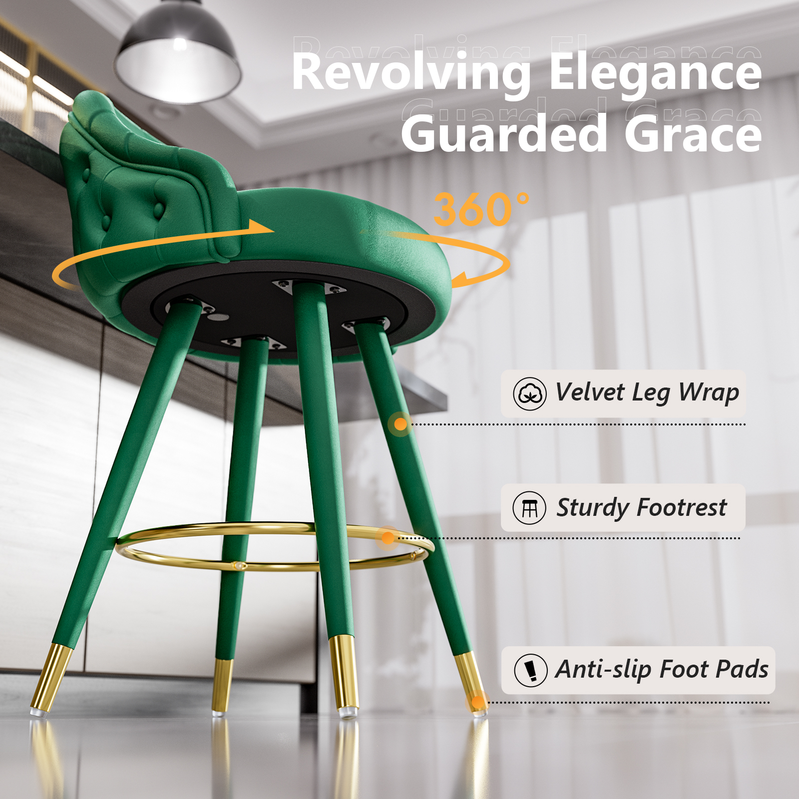 Ninecer Velvet Swivel Bar Stools Set of 2, 26" Counter Height Tufted Bar Chairs with Low Back, Round Upholstered Seat, Gold Legs, Footrest, 300lbs Capacity for Kitchen Island,Green - Image 7