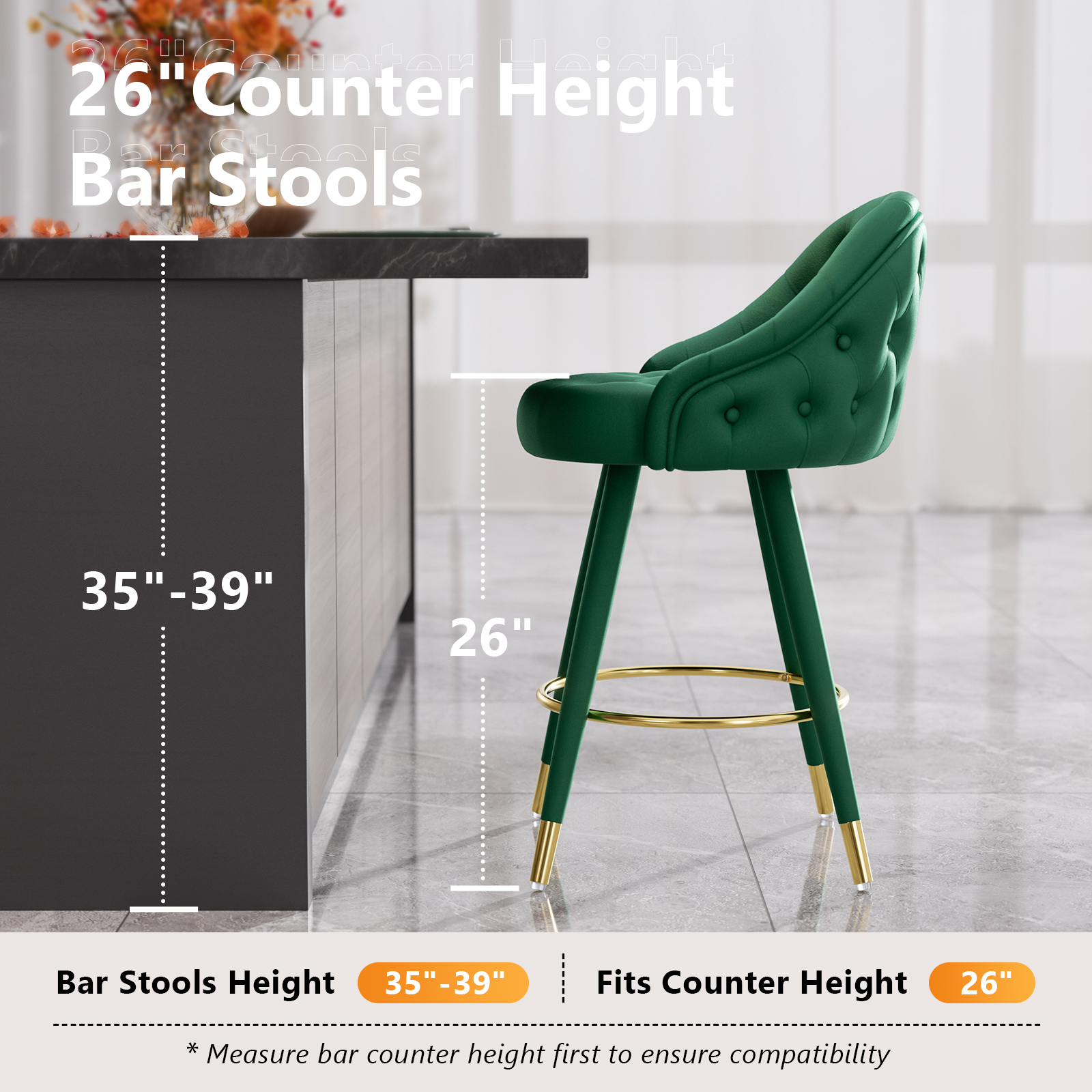 Ninecer Velvet Swivel Bar Stools Set of 2, 26" Counter Height Tufted Bar Chairs with Low Back, Round Upholstered Seat, Gold Legs, Footrest, 300lbs Capacity for Kitchen Island,Green - Image 8