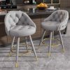 Ninecer Velvet Swivel Bar Stools Set of 2, 26" Counter Height Tufted Bar Chairs with Low Back, Round Upholstered Seat, Gold Legs, Footrest, 300lbs Capacity for Kitchen Island, Grey