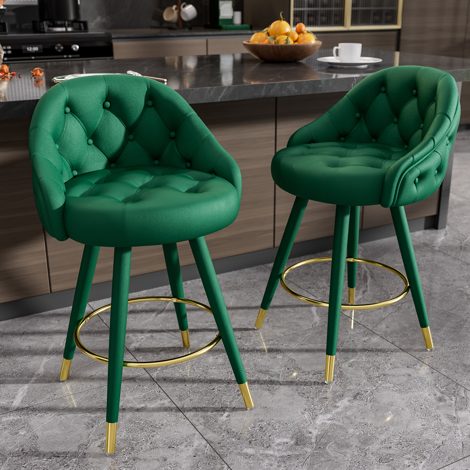 Ninecer Velvet Swivel Bar Stools Set of 2, 26" Counter Height Tufted Bar Chairs with Low Back, Round Upholstered Seat, Gold Legs, Footrest, 300lbs Capacity for Kitchen Island,Green