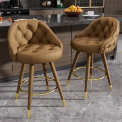 Ninecer Velvet Swivel Bar Stools Set of 2, 26" Counter Height Tufted Bar Chairs with Low Back, Round Upholstered Seat, Gold Legs, Footrest, 300lbs Capacity for Kitchen Island, Brown