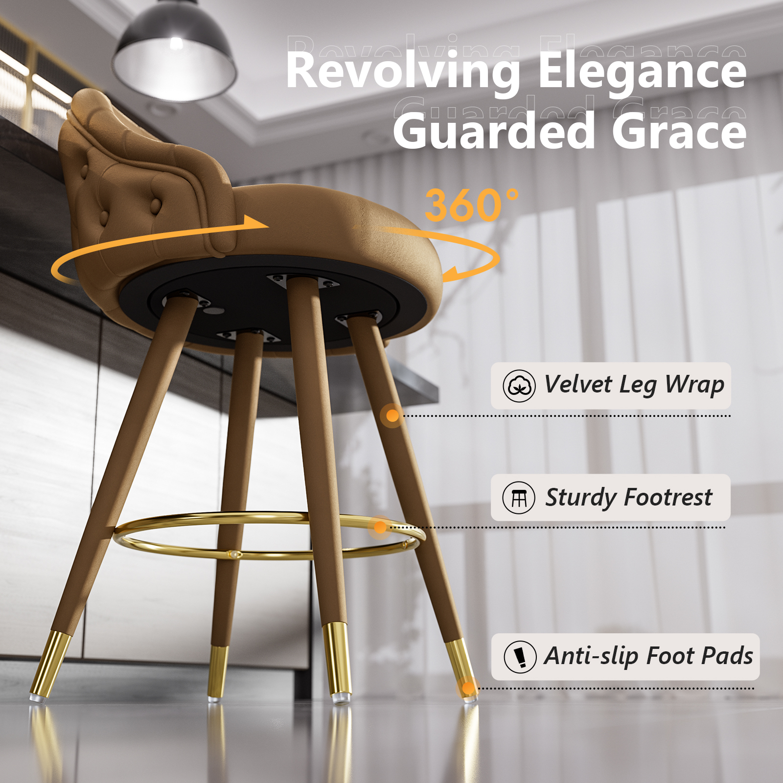 Ninecer Velvet Swivel Bar Stools Set of 4, 26" Counter Height Tufted Bar Chairs with Low Back, Round Upholstered Seat, Gold Legs, Footrest, 300lbs Capacity for Kitchen Island, Brown - Image 6