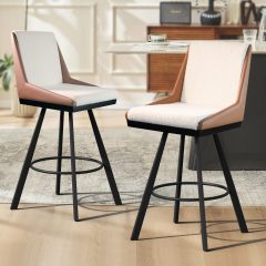 26" Counter Height Bar Stools Set of 2, Swivel Bar Chair Kitchen Chairs with Low Backs, PU Leather Fabric Square Seat Bar Chair with Black Metal Legs, Counter Bar Stools for Kitchen Island,Brown
