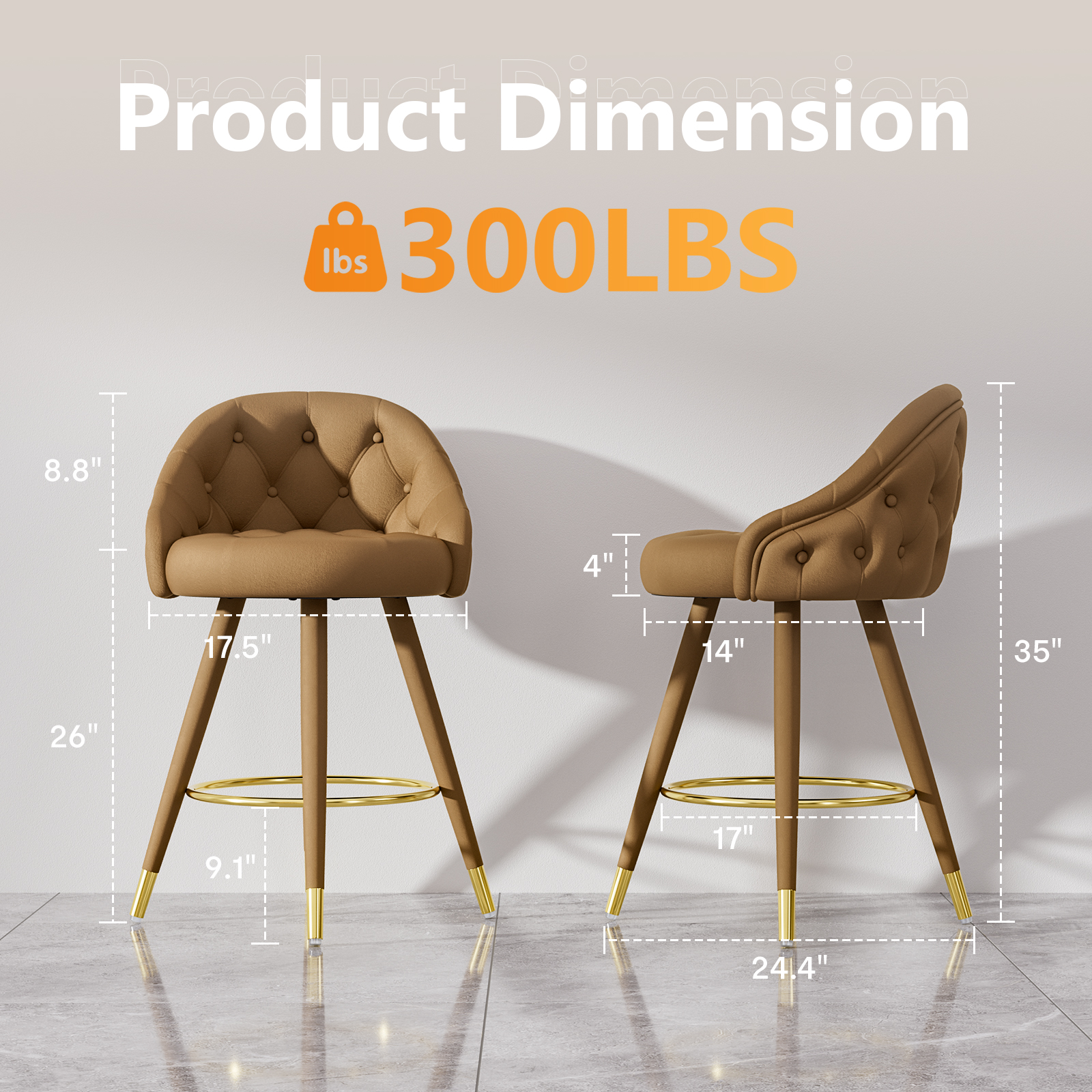 Ninecer Velvet Swivel Bar Stools Set of 4, 26" Counter Height Tufted Bar Chairs with Low Back, Round Upholstered Seat, Gold Legs, Footrest, 300lbs Capacity for Kitchen Island, Brown - Image 2