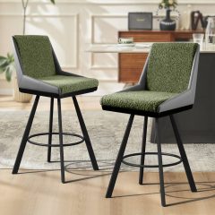 26" Counter Height Bar Stools Set of 2, Swivel Bar Chair Kitchen Chairs with Low Backs, PU Leather Fabric Square Seat Bar Chair with Black Metal Legs, Counter Bar Stools for Kitchen Island,Green