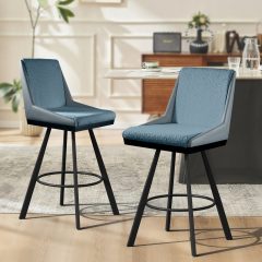 26" Counter Height Bar Stools Set of 2, Swivel Bar Chair Kitchen Chairs with Low Backs, PU Leather Fabric Square Seat Bar Chair with Black Metal Legs, Counter Bar Stools for Kitchen Island,Blue