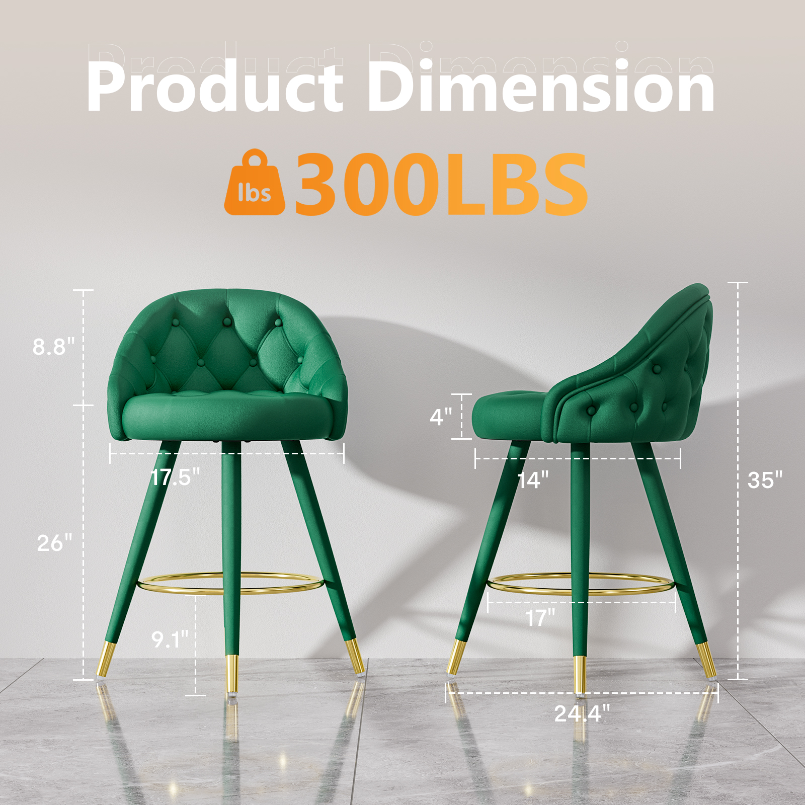 Ninecer Velvet Swivel Bar Stools Set of 2, 26" Counter Height Tufted Bar Chairs with Low Back, Round Upholstered Seat, Gold Legs, Footrest, 300lbs Capacity for Kitchen Island,Green - Image 2