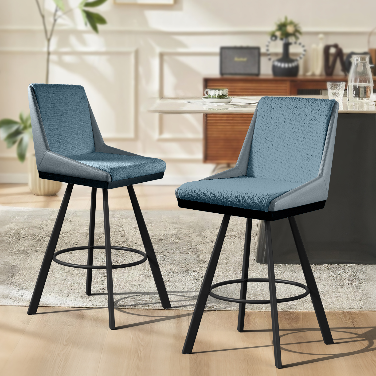 26" Counter Height Bar Stools Set of 2, Swivel Bar Chair Kitchen Chairs with Low Backs, PU Leather Fabric Square Seat Bar Chair with Black Metal Legs, Counter Bar Stools for Kitchen Island,Blue