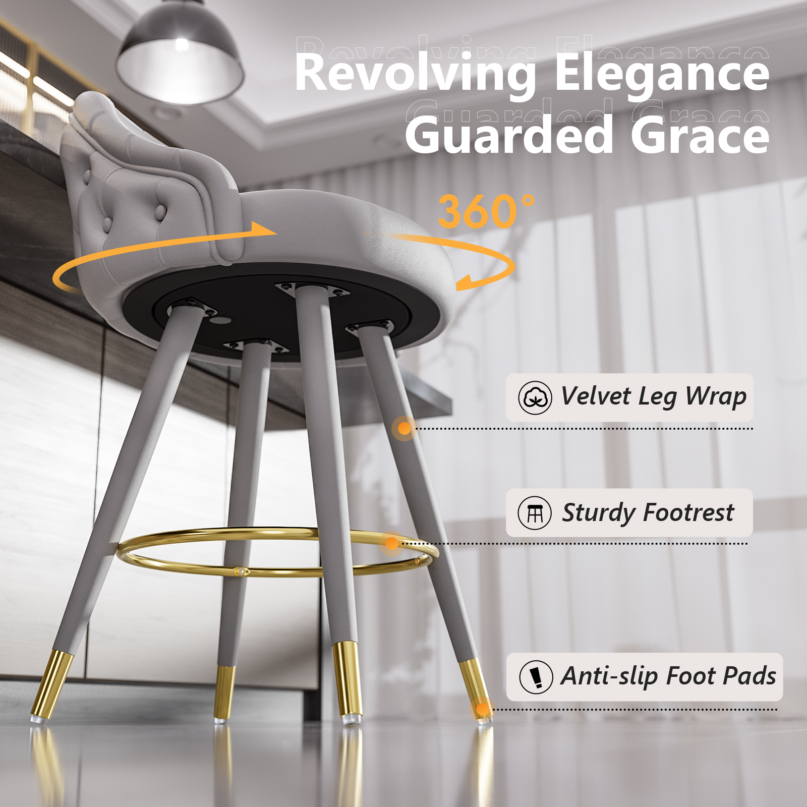 Ninecer Velvet Swivel Bar Stools Set of 2, 26" Counter Height Tufted Bar Chairs with Low Back, Round Upholstered Seat, Gold Legs, Footrest, 300lbs Capacity for Kitchen Island, Grey - Image 4