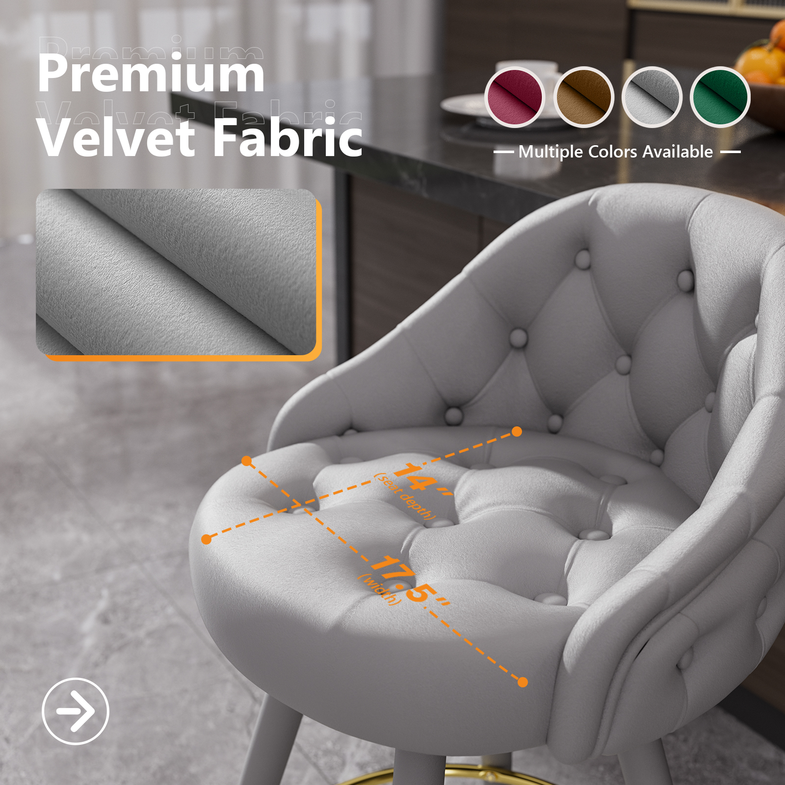 Ninecer Velvet Swivel Bar Stools Set of 2, 26" Counter Height Tufted Bar Chairs with Low Back, Round Upholstered Seat, Gold Legs, Footrest, 300lbs Capacity for Kitchen Island, Grey - Image 7