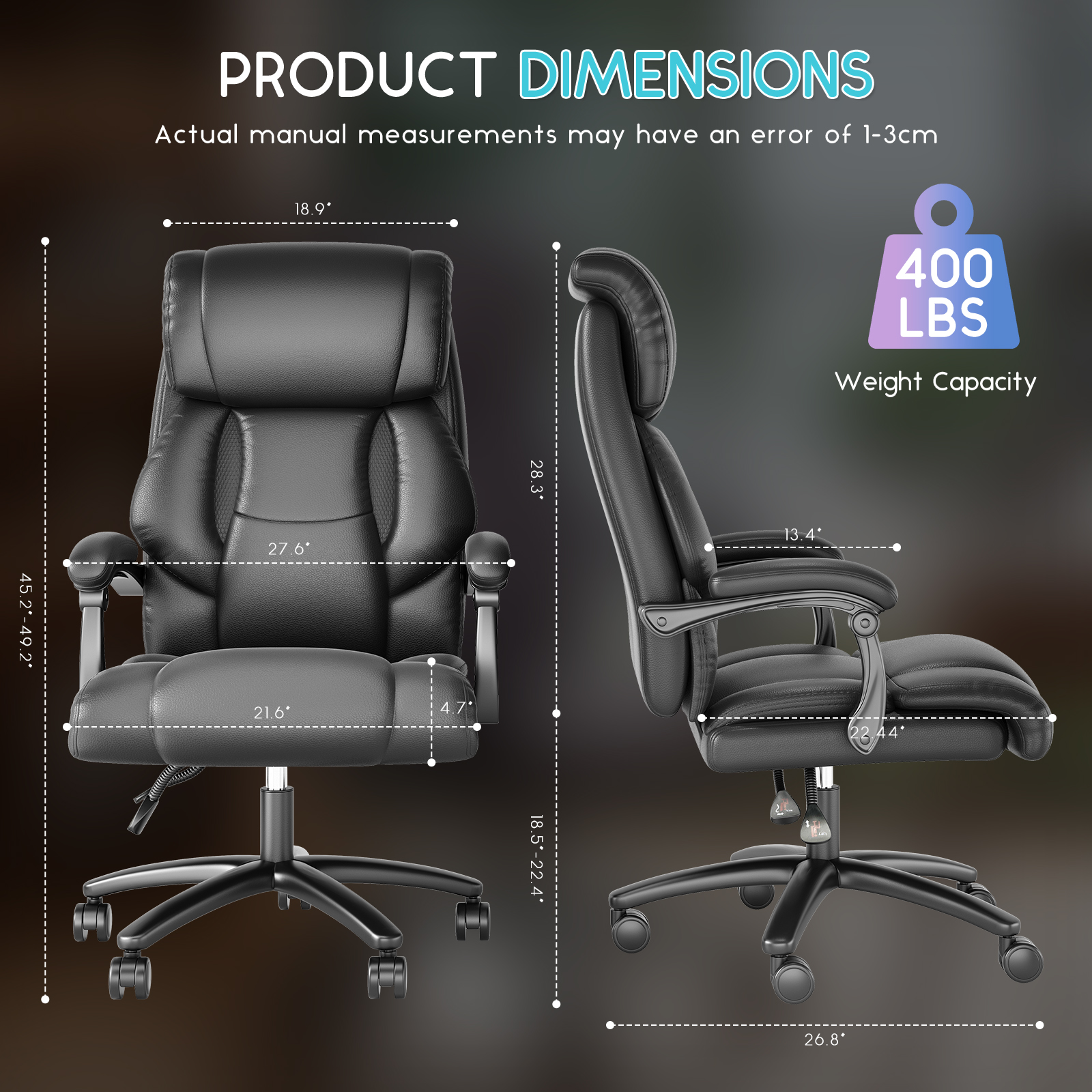 Ninecer Big and Tall Office Chair 400lbs, High Back Executive Reclining Desk Chairs, Leather Home Office Chair, Ergonomic Computer Comfy Chair, Swivel Task Chairs, Black - Image 6