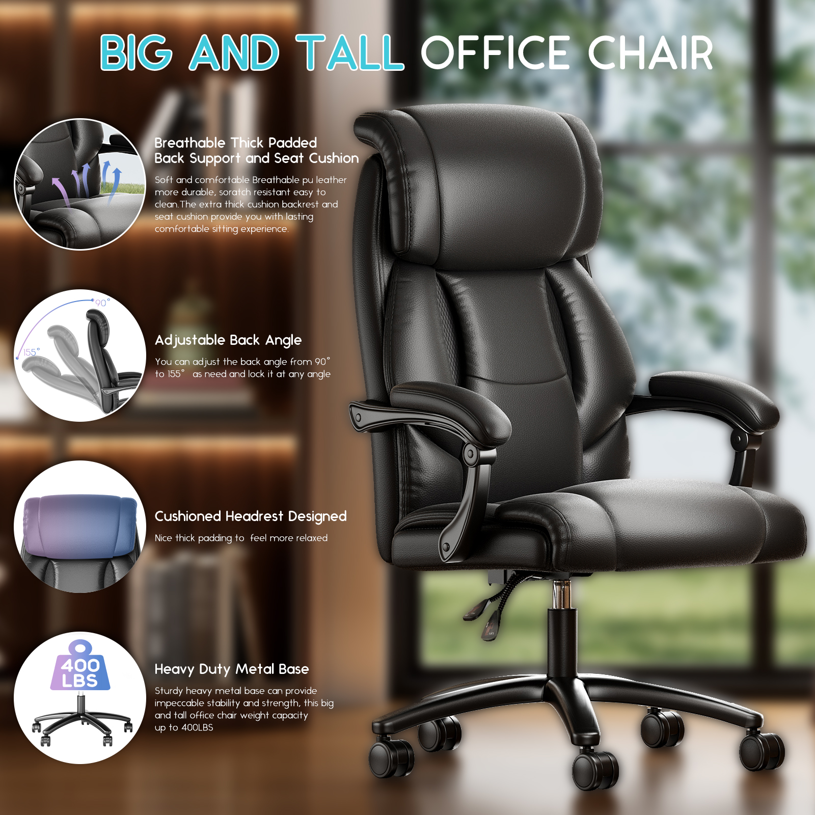 Ninecer Big and Tall Office Chair 400lbs, High Back Executive Reclining Desk Chairs, Leather Home Office Chair, Ergonomic Computer Comfy Chair, Swivel Task Chairs, Black - Image 5
