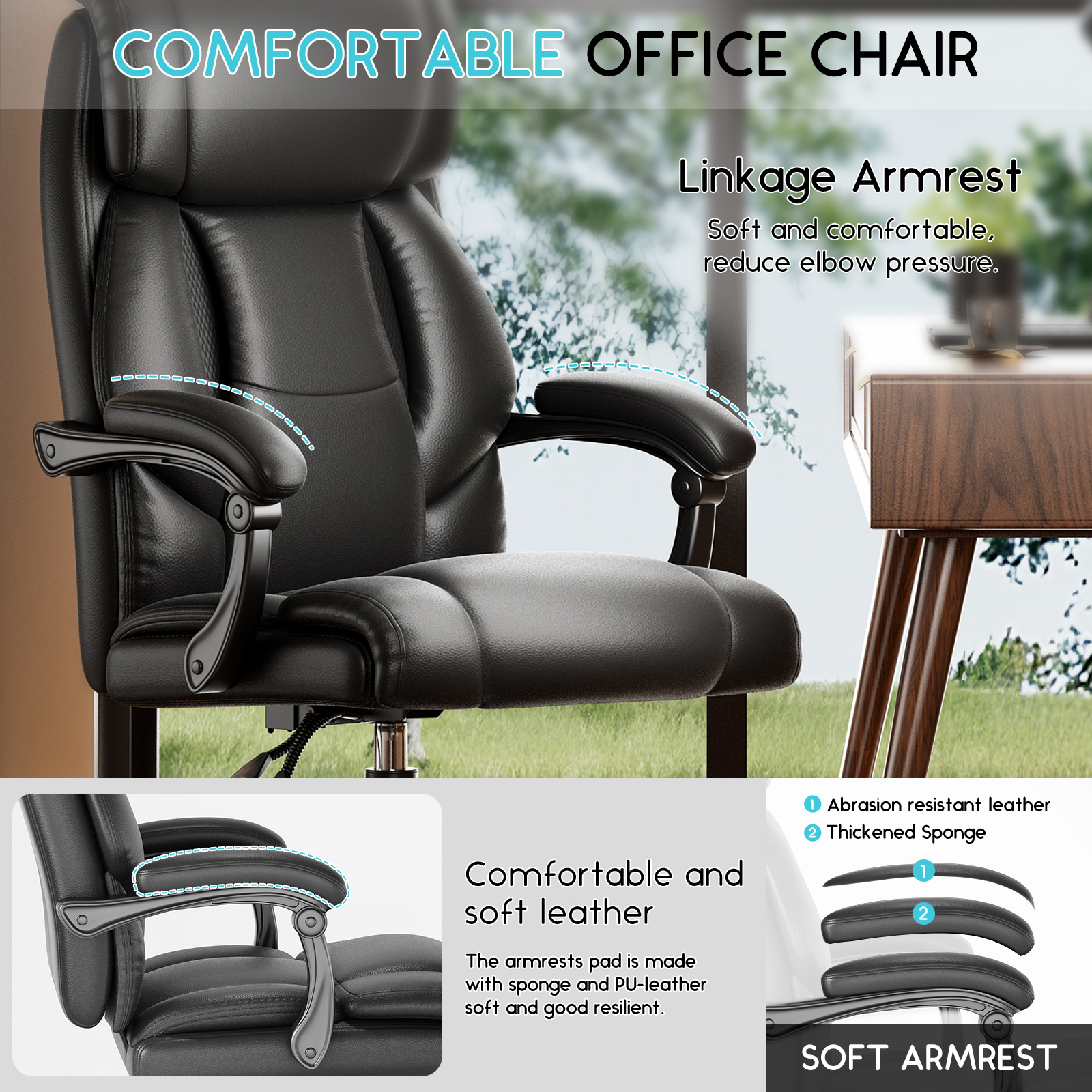 Ninecer Big and Tall Office Chair 400lbs, High Back Executive Reclining Desk Chairs, Leather Home Office Chair, Ergonomic Computer Comfy Chair, Swivel Task Chairs, Black - Image 4