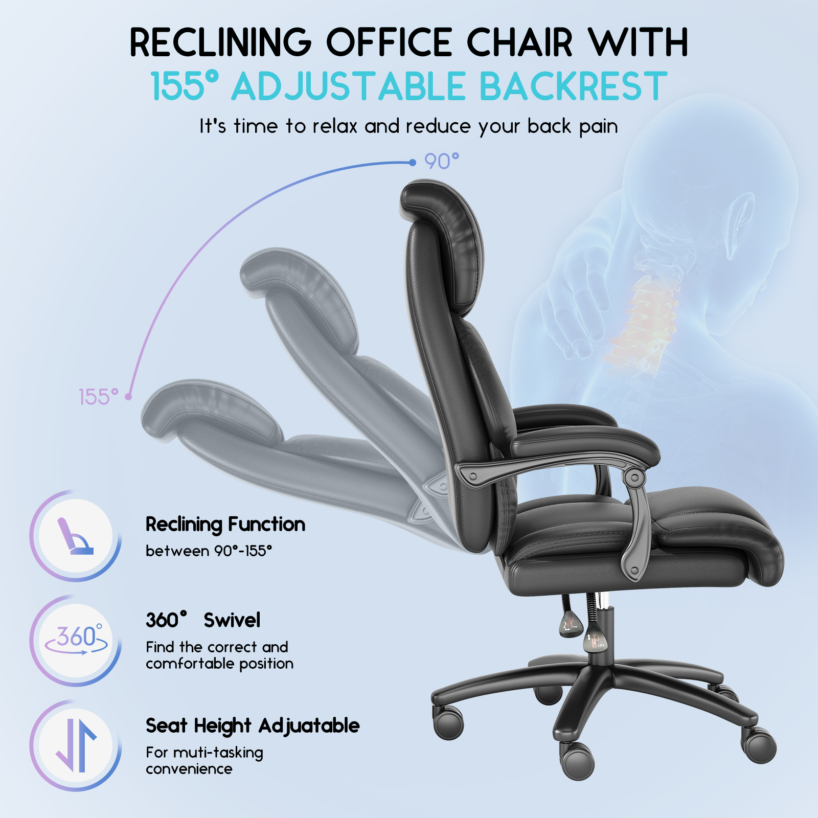 Ninecer Big and Tall Office Chair 400lbs, High Back Executive Reclining Desk Chairs, Leather Home Office Chair, Ergonomic Computer Comfy Chair, Swivel Task Chairs, Black - Image 8