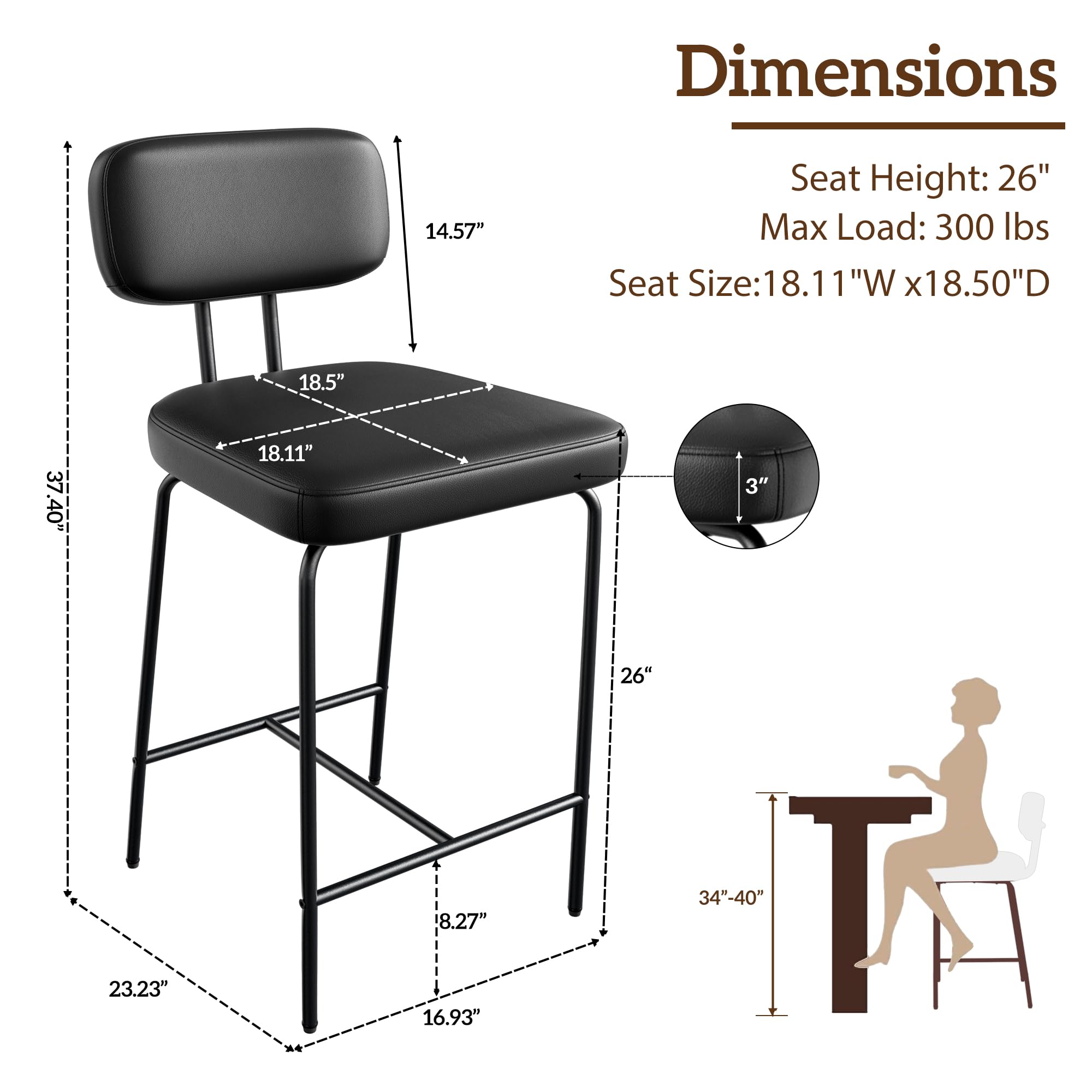 Ninecer Counter Height Bar Stools Set of 2, 26 Inch Faux Leather Kitchen Island Chairs with Low Back and Metal Legs, Modern Bar Chairs with Footrest, Black - Image 3