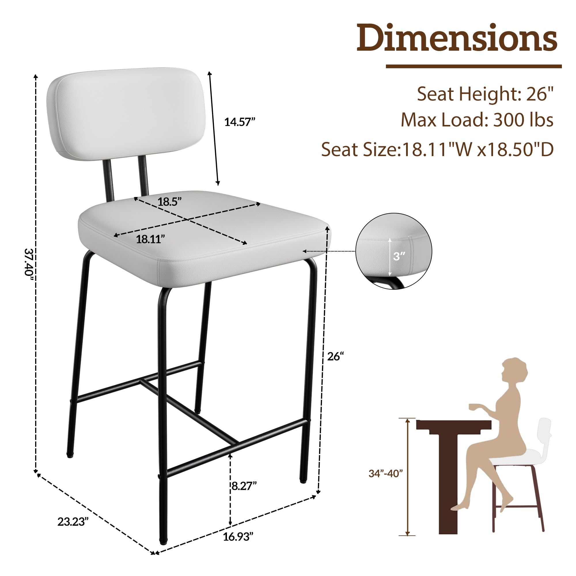 Ninecer Counter Height Bar Stools Set of 2, 26 Inch Faux Leather Kitchen Island Chairs with Low Back and Metal Legs, Modern Bar Chairs with Footrest, White - Image 2
