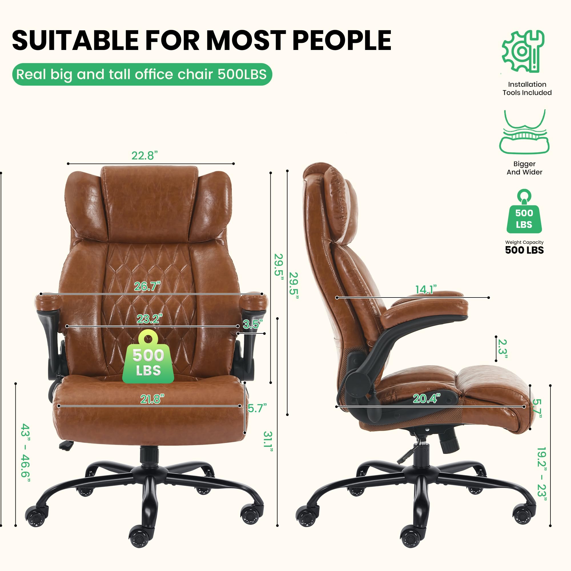 Ninecer Big and Tall Office Chair 500LBS, Heavy Duty Executive Desk Chair with High Back, Ergonomic Leather Computer Chair with Flip-up Arms, Brown - Image 2