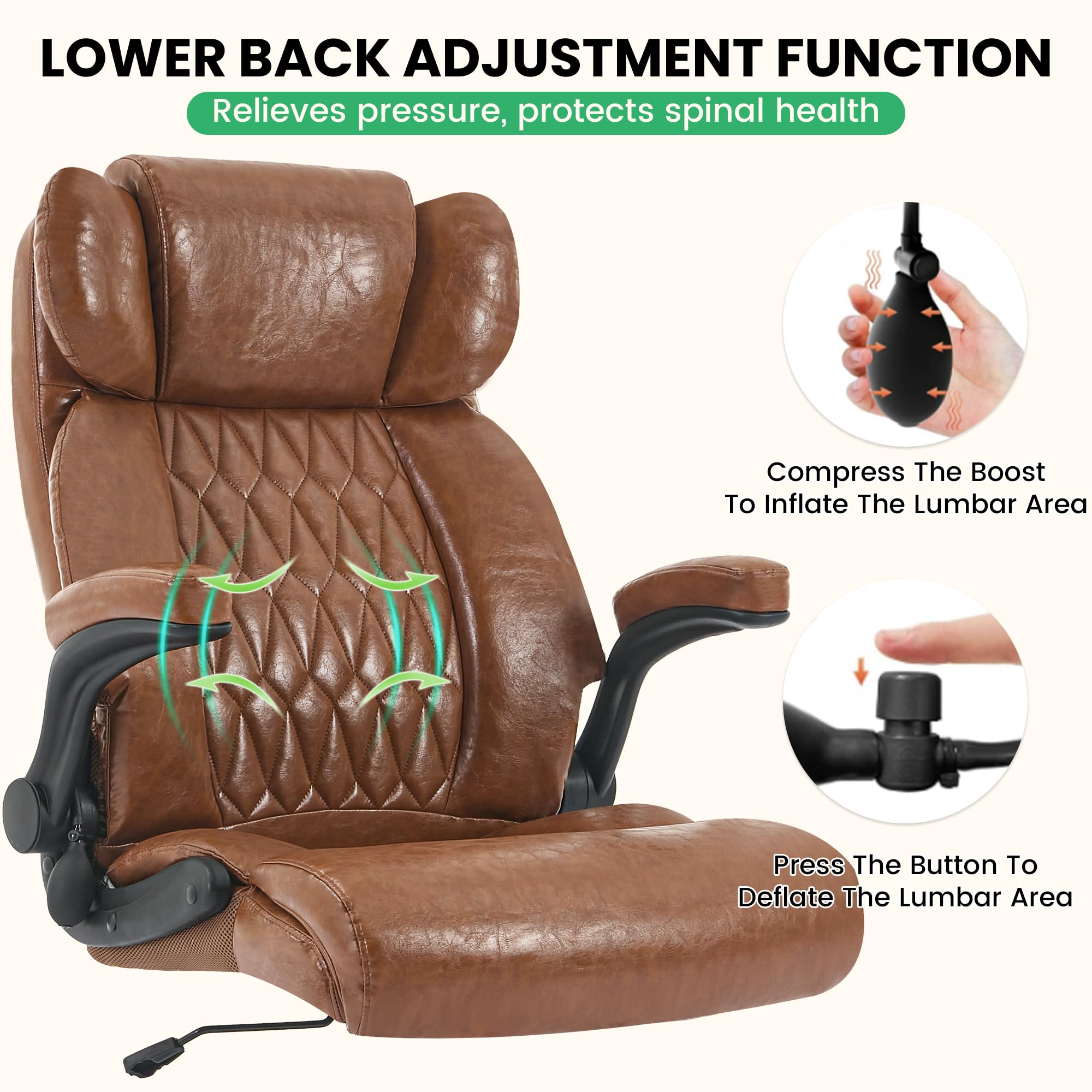 Ninecer Big and Tall Office Chair 500LBS, Heavy Duty Executive Desk Chair with High Back, Ergonomic Leather Computer Chair with Flip-up Arms, Brown - Image 4