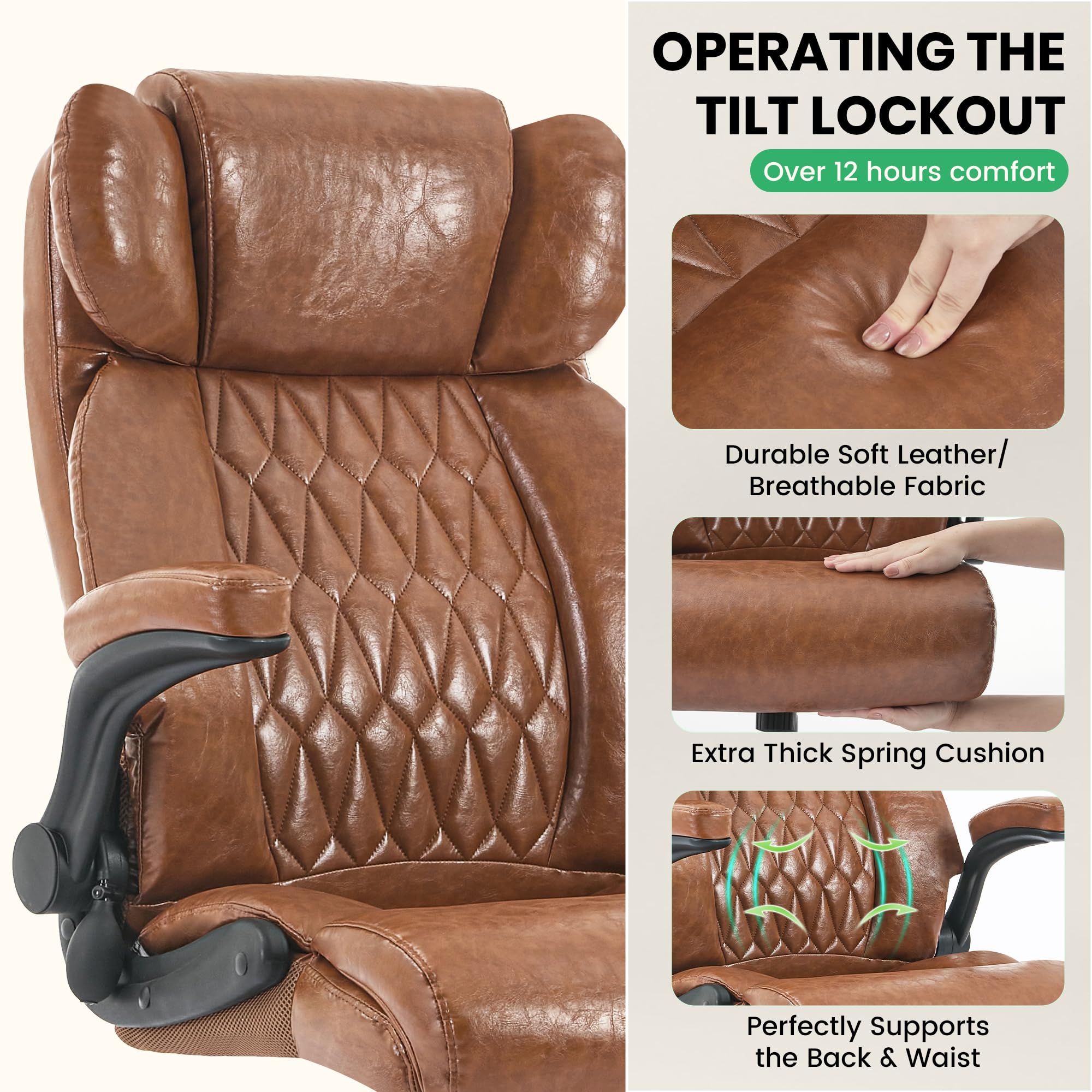 Ninecer Big and Tall Office Chair 500LBS, Heavy Duty Executive Desk Chair with High Back, Ergonomic Leather Computer Chair with Flip-up Arms, Brown - Image 5