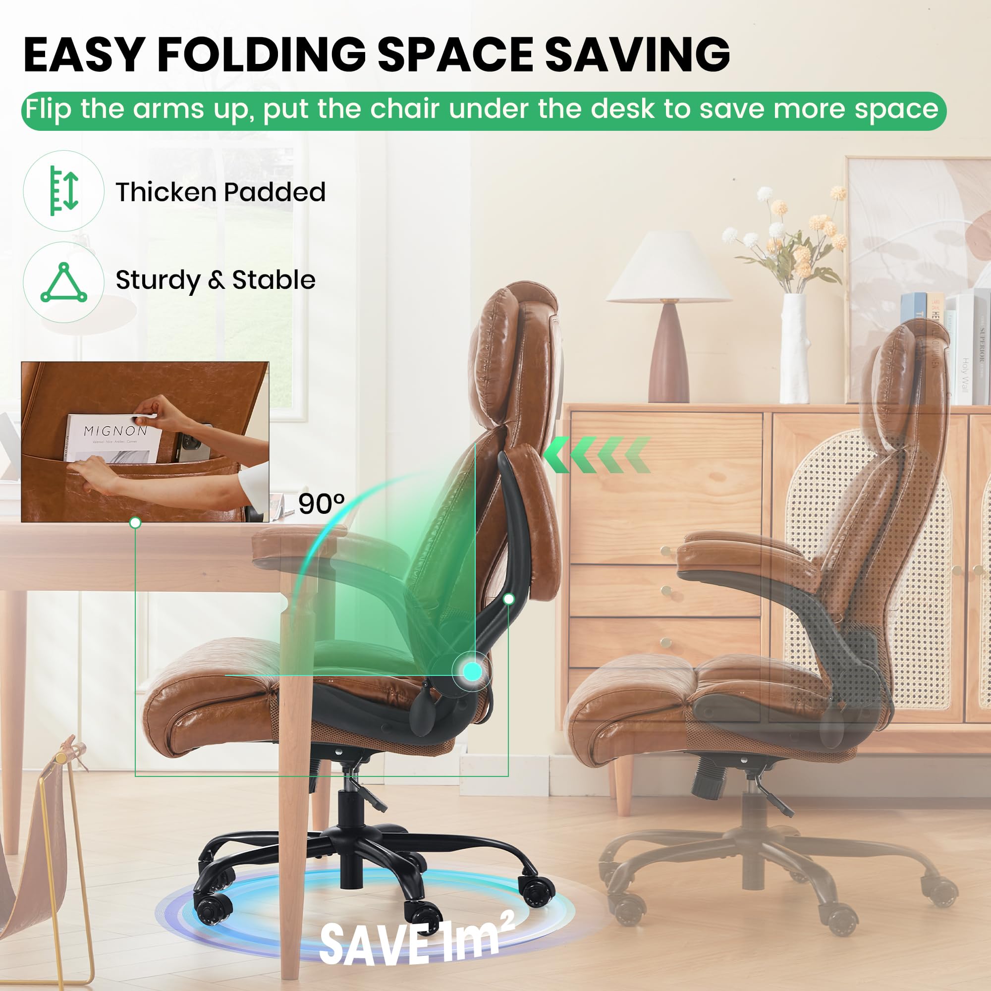 Ninecer Big and Tall Office Chair 500LBS, Heavy Duty Executive Desk Chair with High Back, Ergonomic Leather Computer Chair with Flip-up Arms, Brown - Image 6