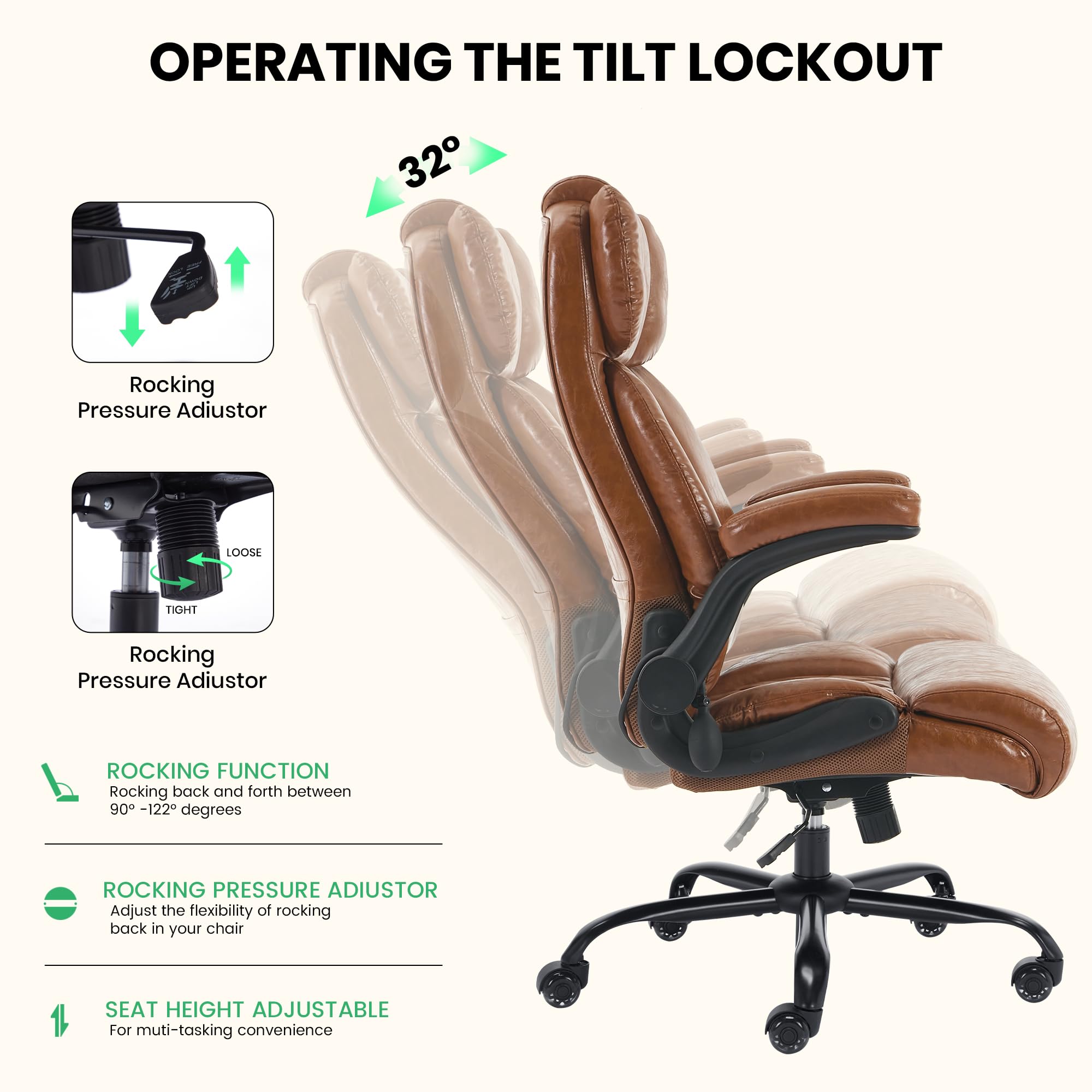 Ninecer Big and Tall Office Chair 500LBS, Heavy Duty Executive Desk Chair with High Back, Ergonomic Leather Computer Chair with Flip-up Arms, Brown - Image 3