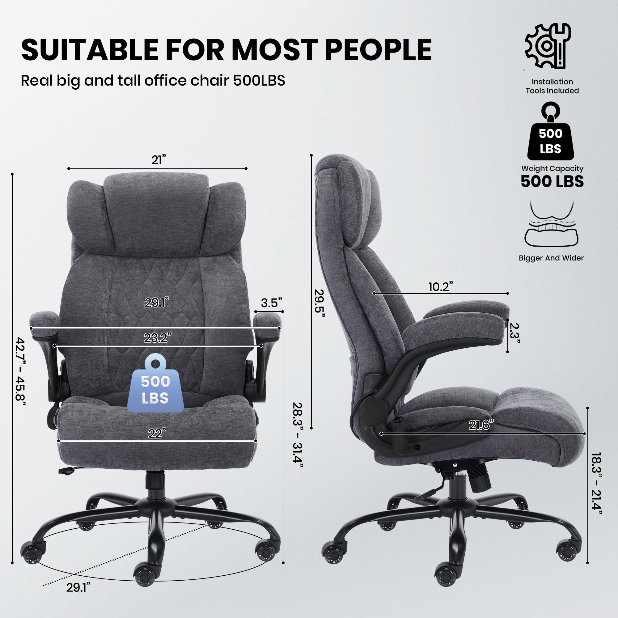 Ninecer Big and Tall Office Chair 500LBS, Heavy Duty Executive Desk Chair with High Back, Ergonomic Fabric Computer Chair with Flip-up Arms, Grey - Image 2