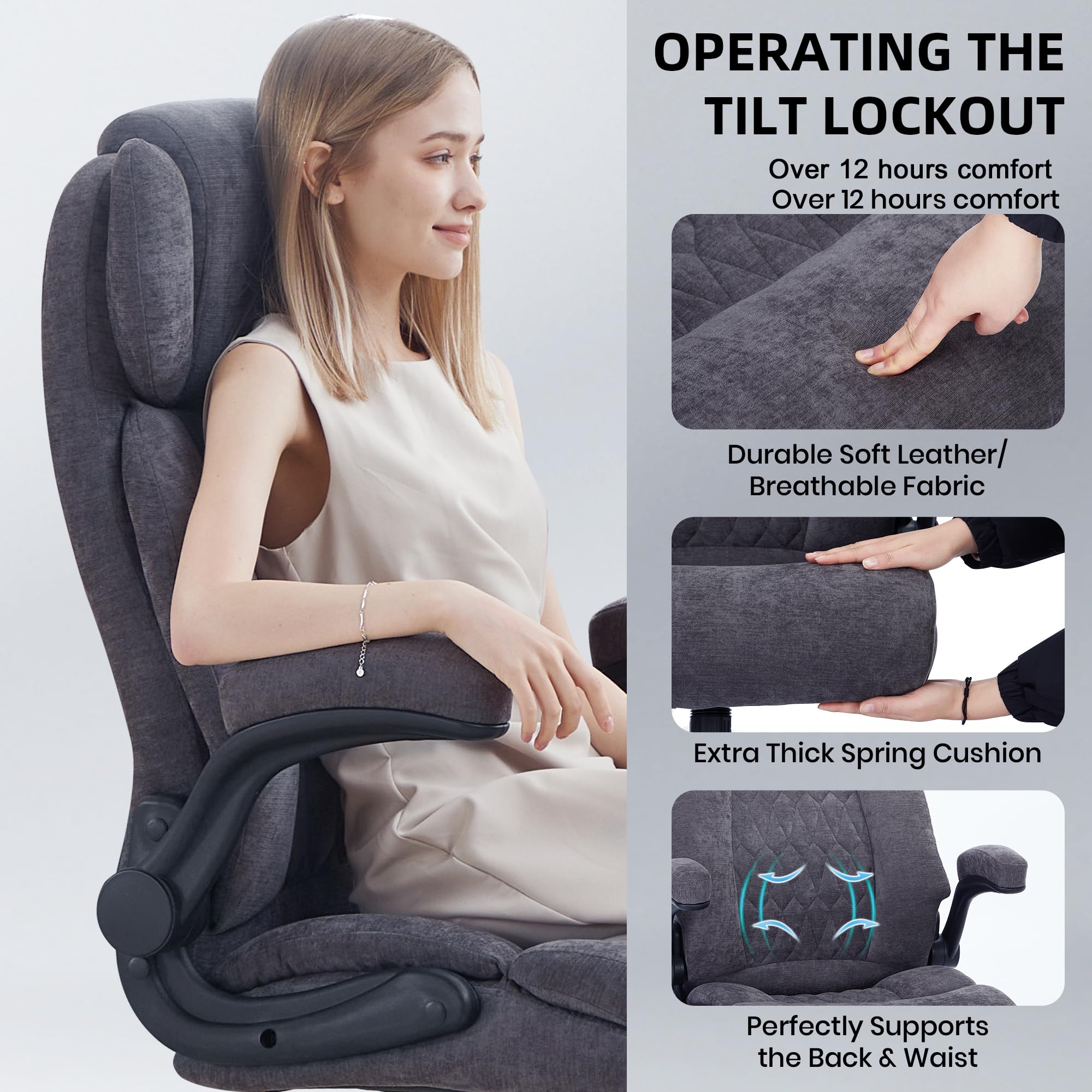 Ninecer Big and Tall Office Chair 500LBS, Heavy Duty Executive Desk Chair with High Back, Ergonomic Fabric Computer Chair with Flip-up Arms, Grey - Image 5