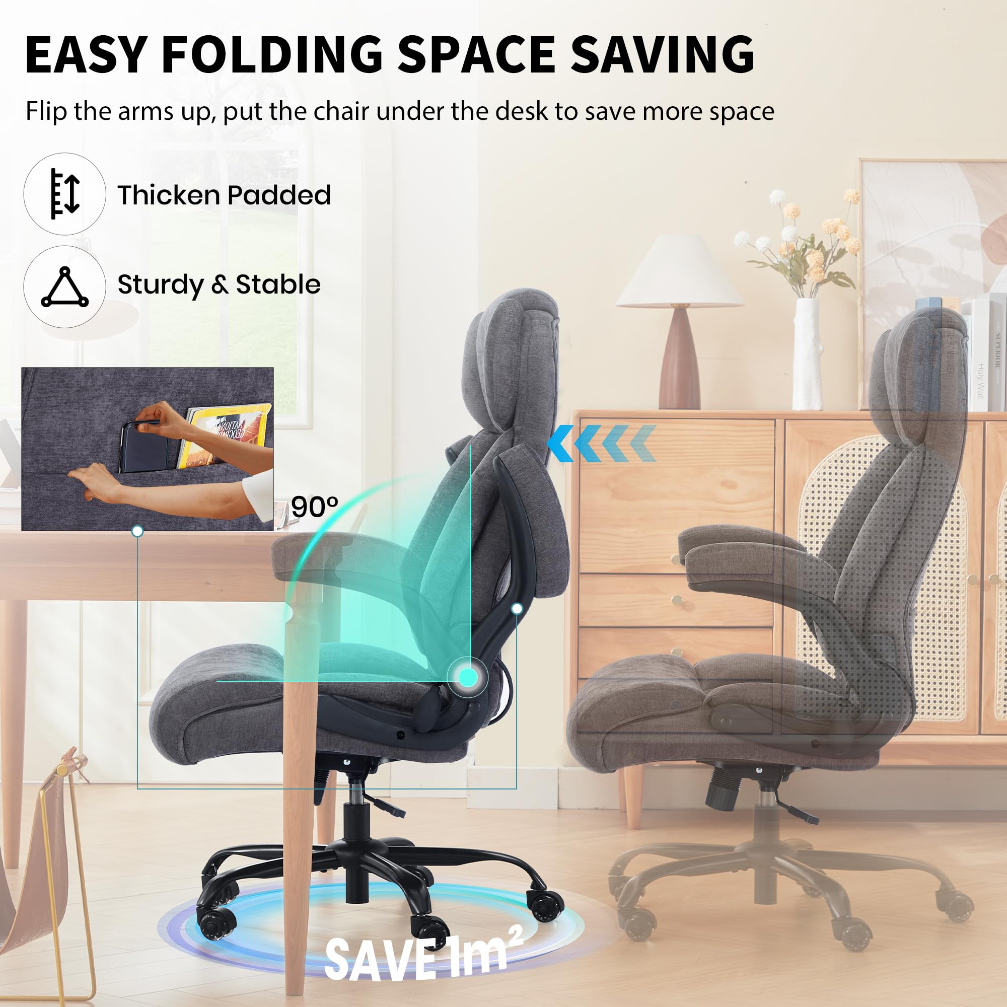 Ninecer Big and Tall Office Chair 500LBS, Heavy Duty Executive Desk Chair with High Back, Ergonomic Fabric Computer Chair with Flip-up Arms, Grey - Image 6