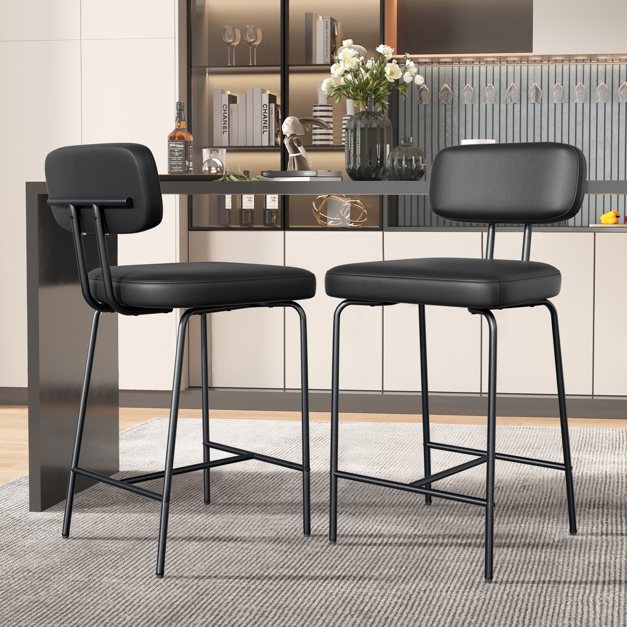 Ninecer Counter Height Bar Stools Set of 2, 26 Inch Faux Leather Kitchen Island Chairs with Low Back and Metal Legs, Modern Bar Chairs with Footrest, Black