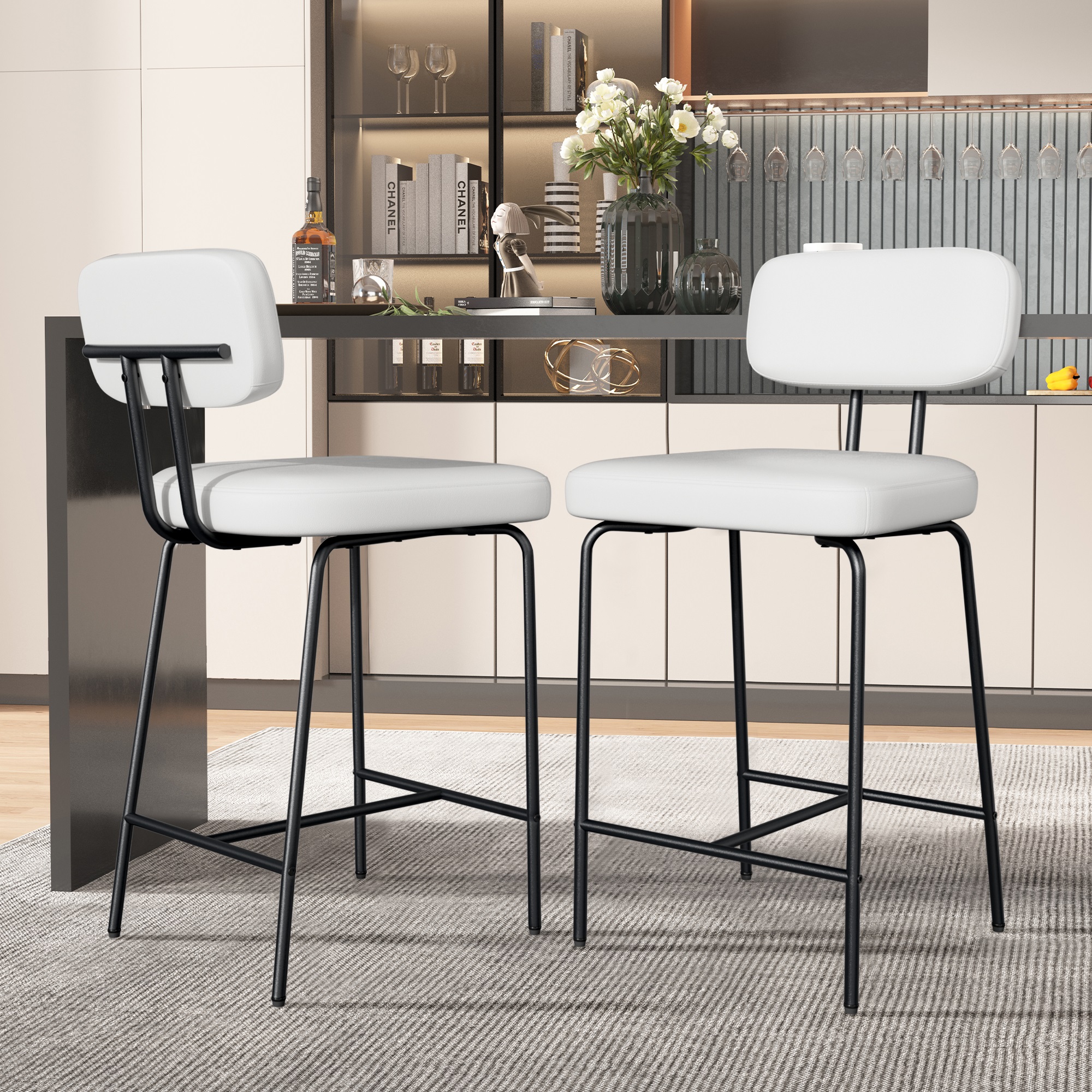 Ninecer Counter Height Bar Stools Set of 2, 26 Inch Faux Leather Kitchen Island Chairs with Low Back and Metal Legs, Modern Bar Chairs with Footrest, White