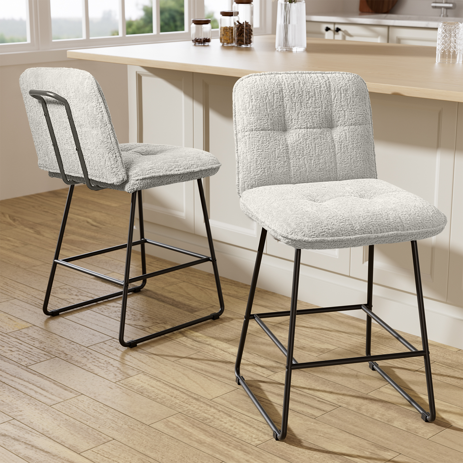 Ninecer Counter Height Bar Stools Set of 2, 26 Inch Upholstered Bar Stools with Low Back, Boucle Fabric Square Seat Bar Chairs with Metal Legs and Footrest, Bar Stools for Home Kitchen Bar, Beige