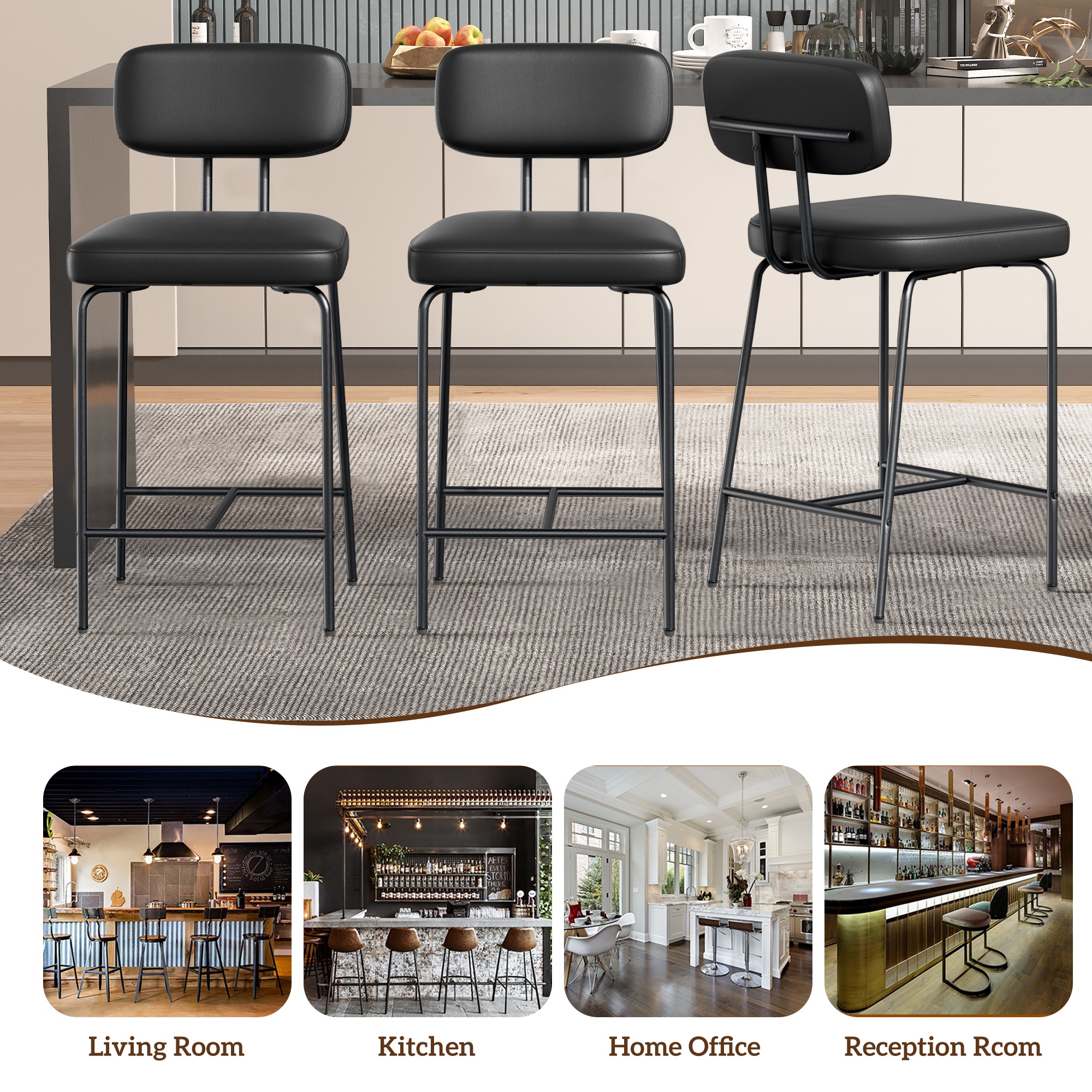Ninecer Counter Height Bar Stools Set of 2, 26 Inch Faux Leather Kitchen Island Chairs with Low Back and Metal Legs, Modern Bar Chairs with Footrest, Black - Image 6
