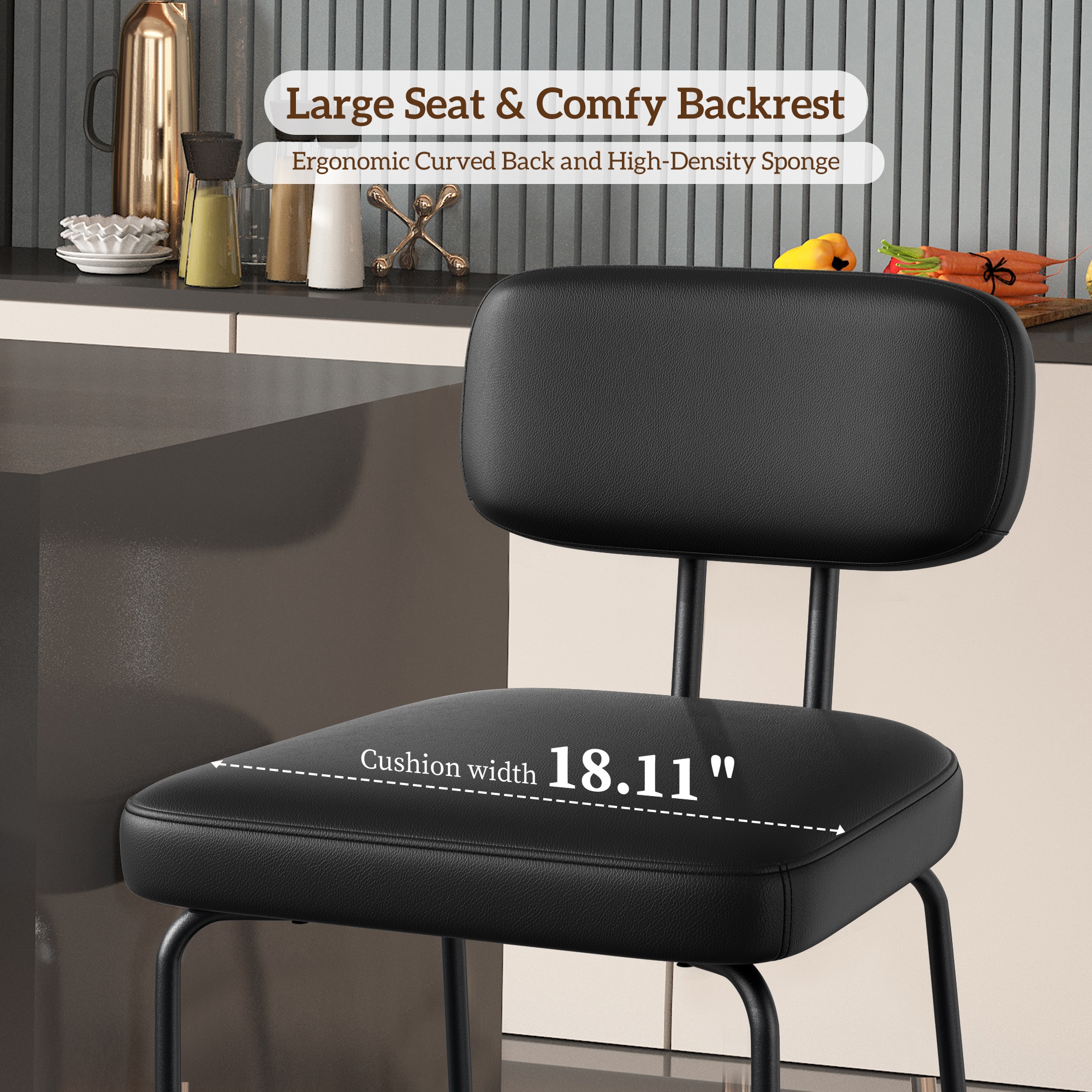 Ninecer Counter Height Bar Stools Set of 2, 26 Inch Faux Leather Kitchen Island Chairs with Low Back and Metal Legs, Modern Bar Chairs with Footrest, Black - Image 2