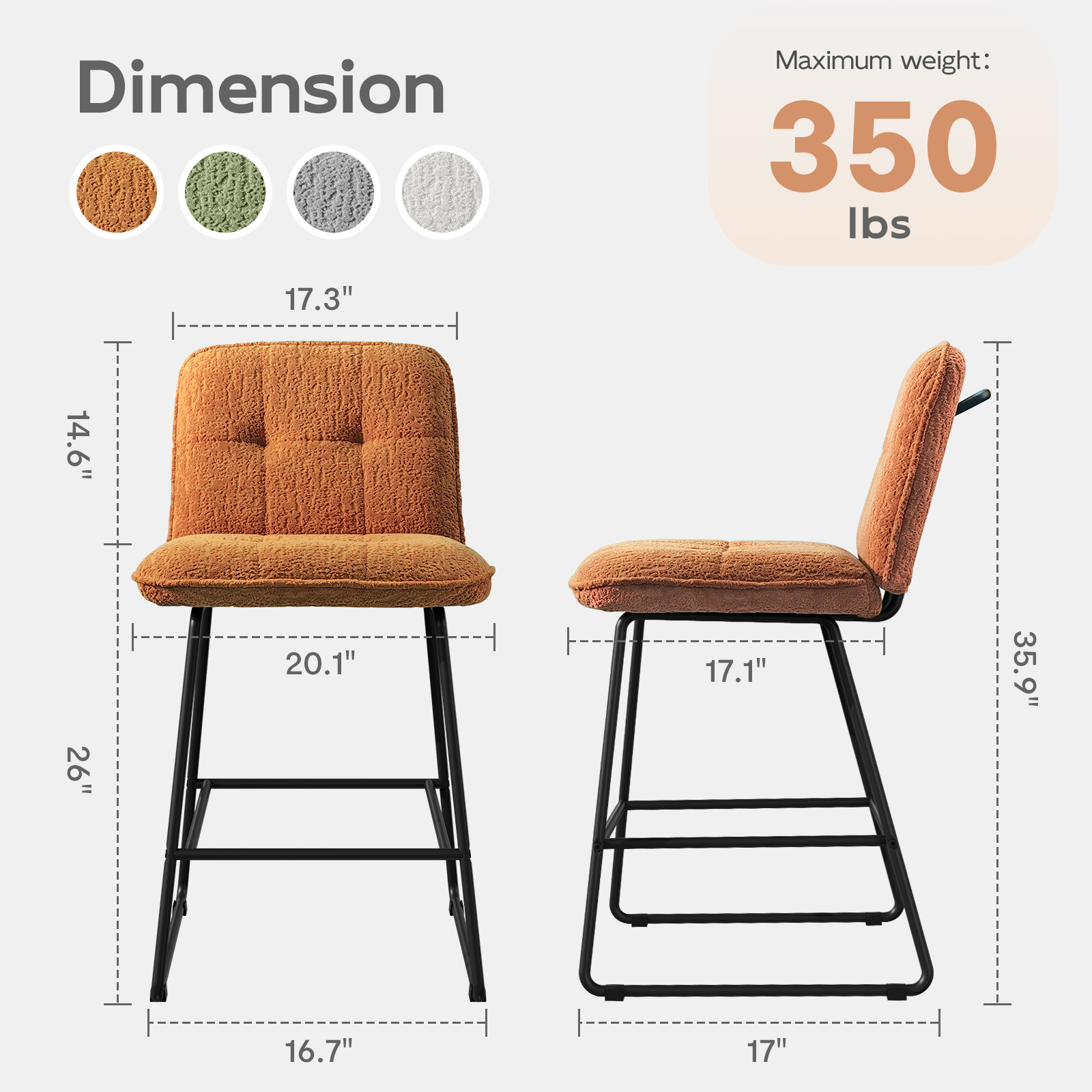 Ninecer Counter Height Bar Stools Set of 3, 26 Inch Upholstered Bar Stools with Low Back, Boucle Fabric Square Seat Bar Chairs with Metal Legs and Footrest, Bar Stools for Home Kitchen Bar, Brown - Image 2