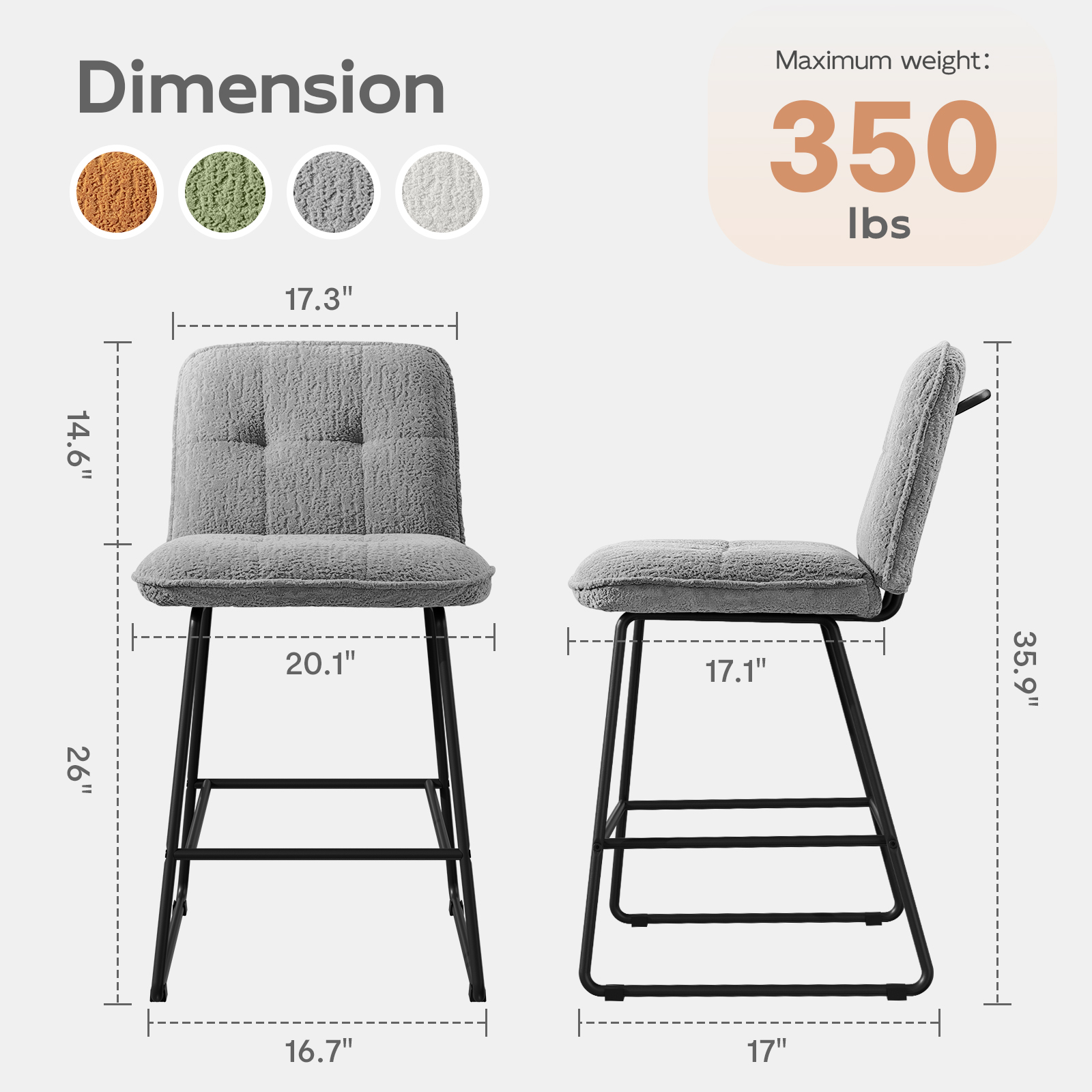 Ninecer Counter Height Bar Stools Set of 3, 26 Inch Upholstered Bar Stools with Low Back, Boucle Fabric Square Seat Bar Chairs with Metal Legs and Footrest, Bar Stools for Home Kitchen Bar, Grey - Image 2