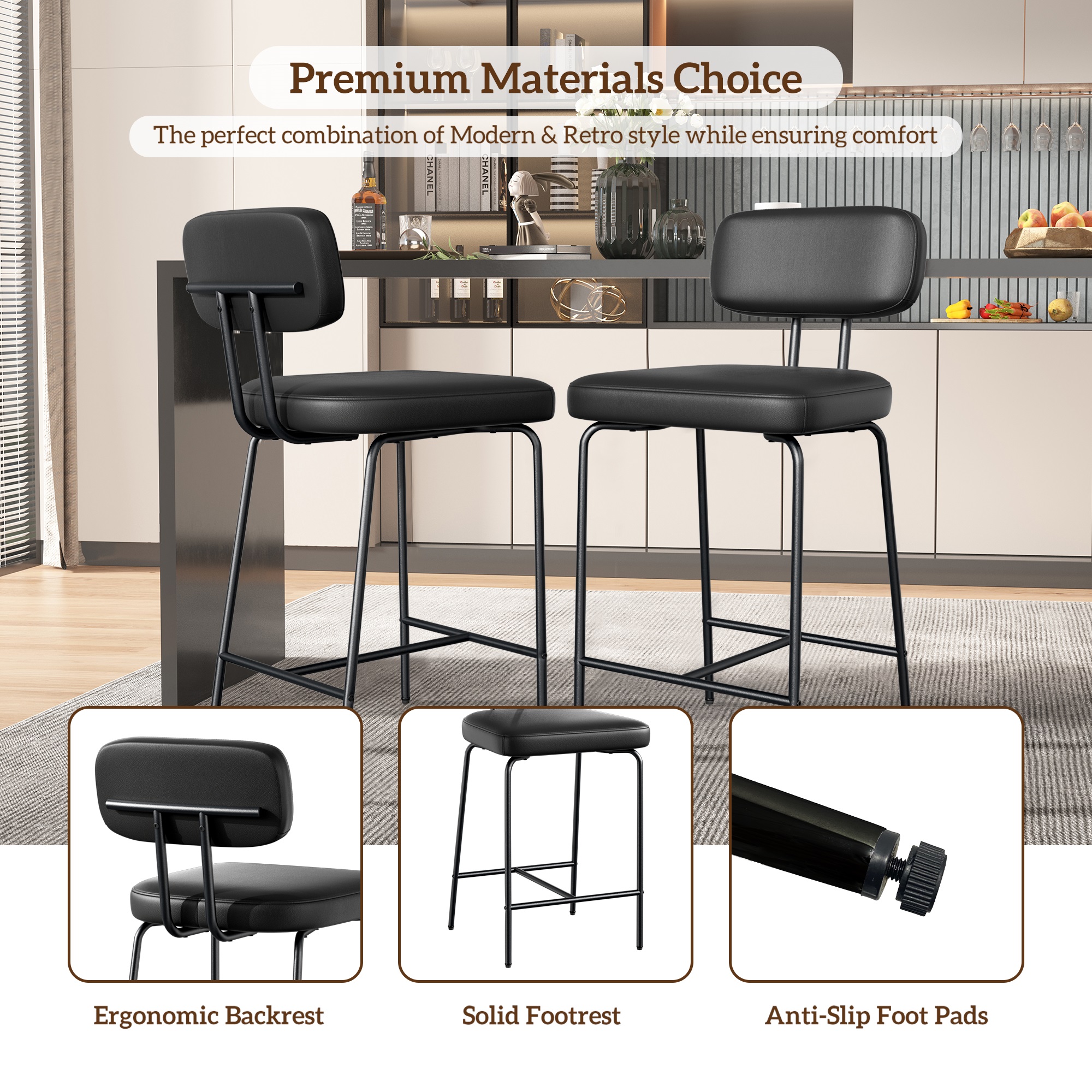 Ninecer Counter Height Bar Stools Set of 2, 26 Inch Faux Leather Kitchen Island Chairs with Low Back and Metal Legs, Modern Bar Chairs with Footrest, Black - Image 5