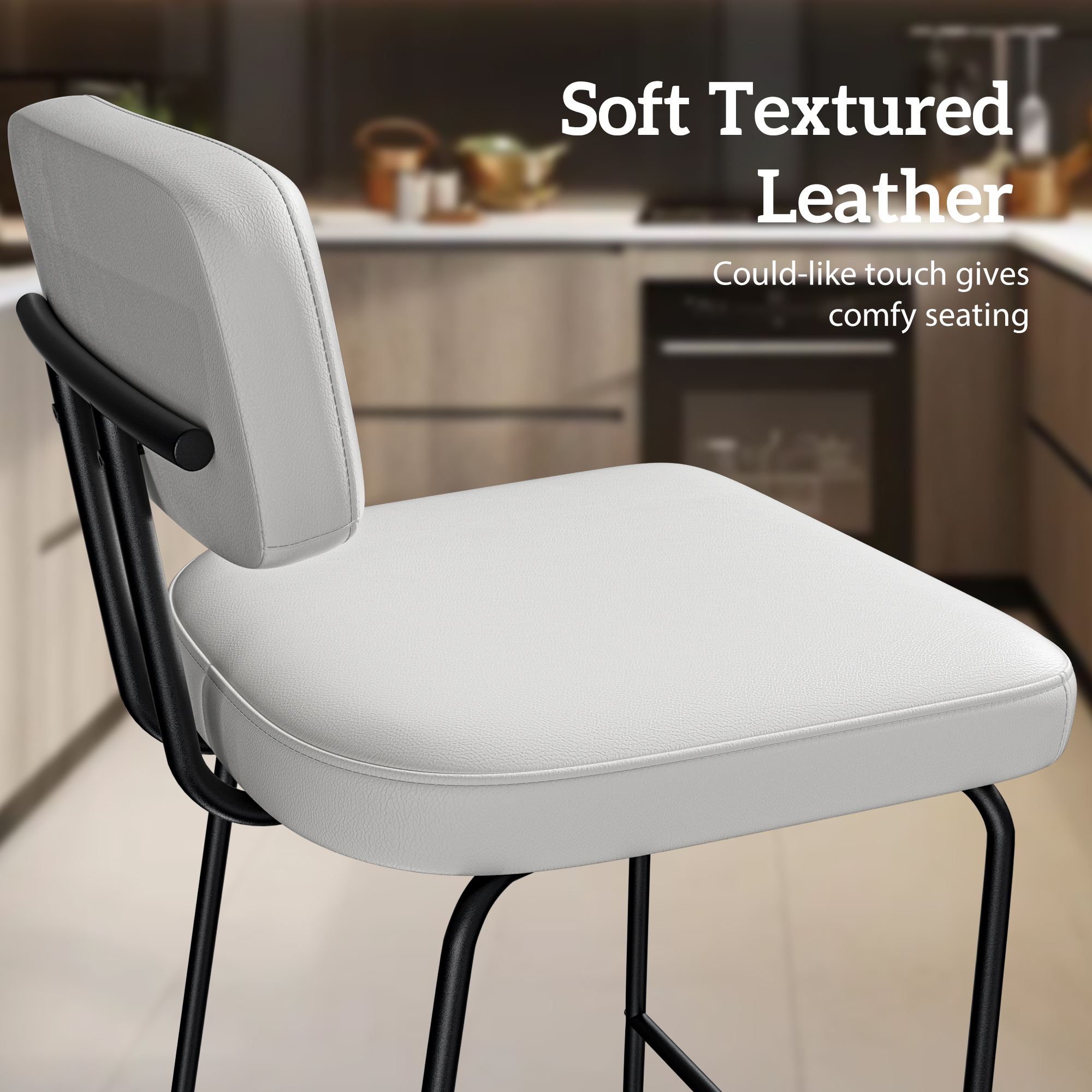 Ninecer Counter Height Bar Stools Set of 2, 26 Inch Faux Leather Kitchen Island Chairs with Low Back and Metal Legs, Modern Bar Chairs with Footrest, White - Image 3
