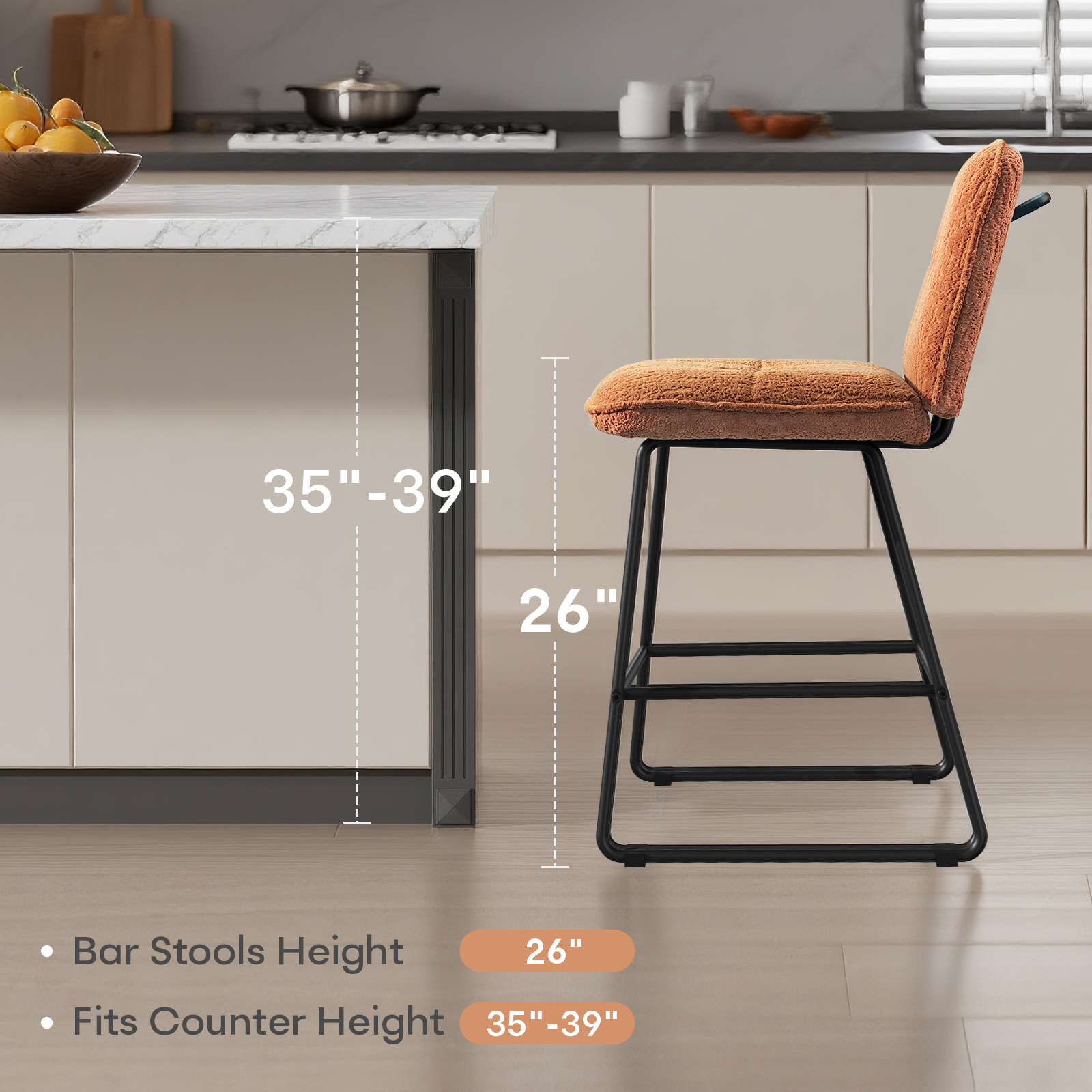 Ninecer Counter Height Bar Stools Set of 3, 26 Inch Upholstered Bar Stools with Low Back, Boucle Fabric Square Seat Bar Chairs with Metal Legs and Footrest, Bar Stools for Home Kitchen Bar, Brown - Image 3