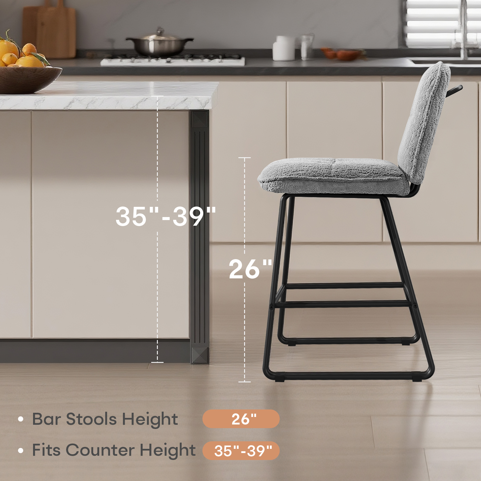 Ninecer Counter Height Bar Stools Set of 3, 26 Inch Upholstered Bar Stools with Low Back, Boucle Fabric Square Seat Bar Chairs with Metal Legs and Footrest, Bar Stools for Home Kitchen Bar, Grey - Image 8