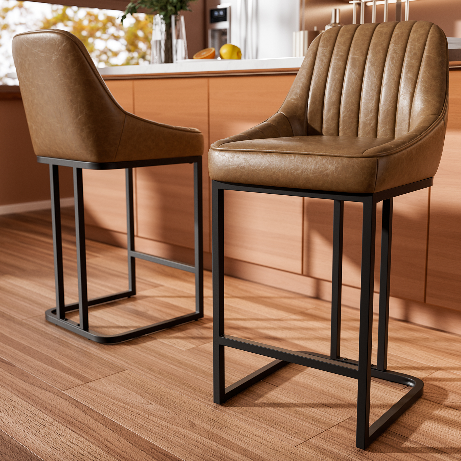 Ninecer Counter Height Bar Stools, Low Back PU Leather Upholstered Bucket Seat Bar Chairs with Metal Legs, Modern Kitchen Island Counter Chairs for Dining Room, Set of 2, 300lbs,Brown