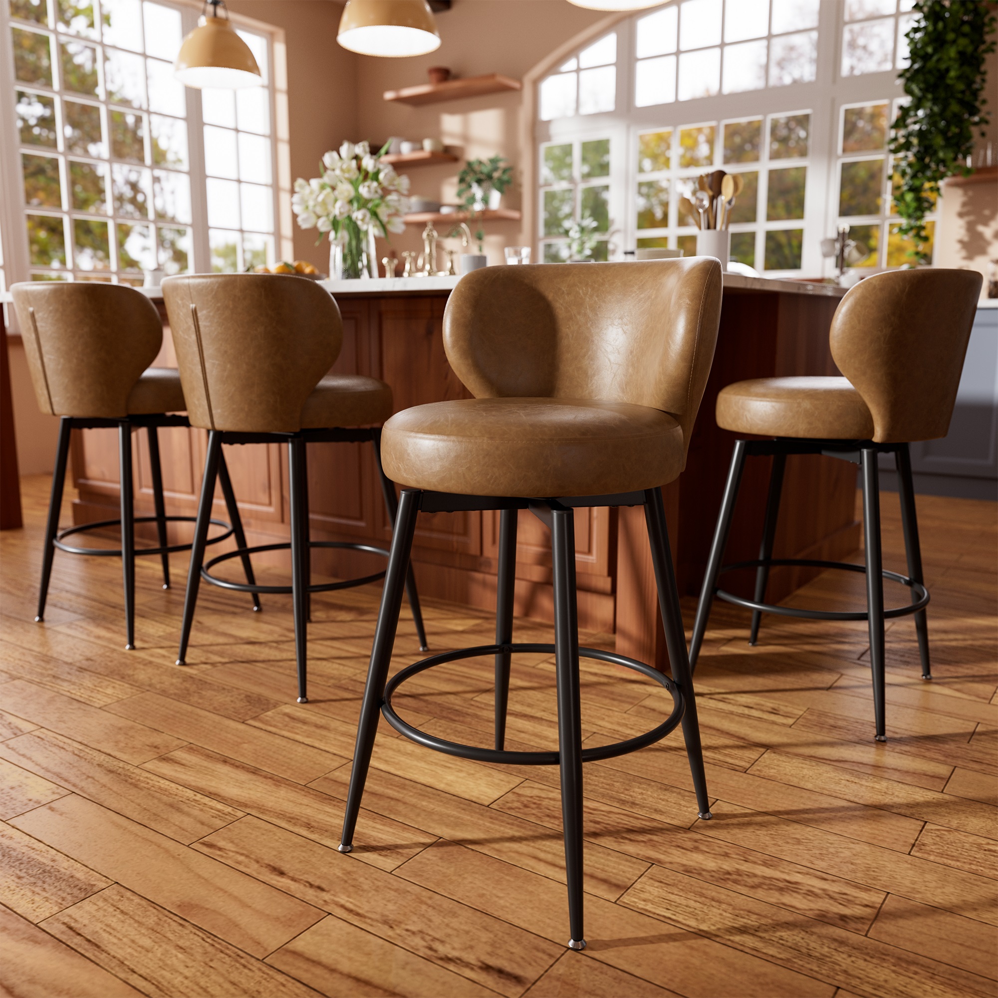 Ninecer 26" Counter Height Bar Stools Set of 4, 360° Swivel PU Leather Bar Chairs with Low Back, Upholstered Round Seat & Metal Legs, Modern Kitchen Island Counter Chairs 300LBS, Brown