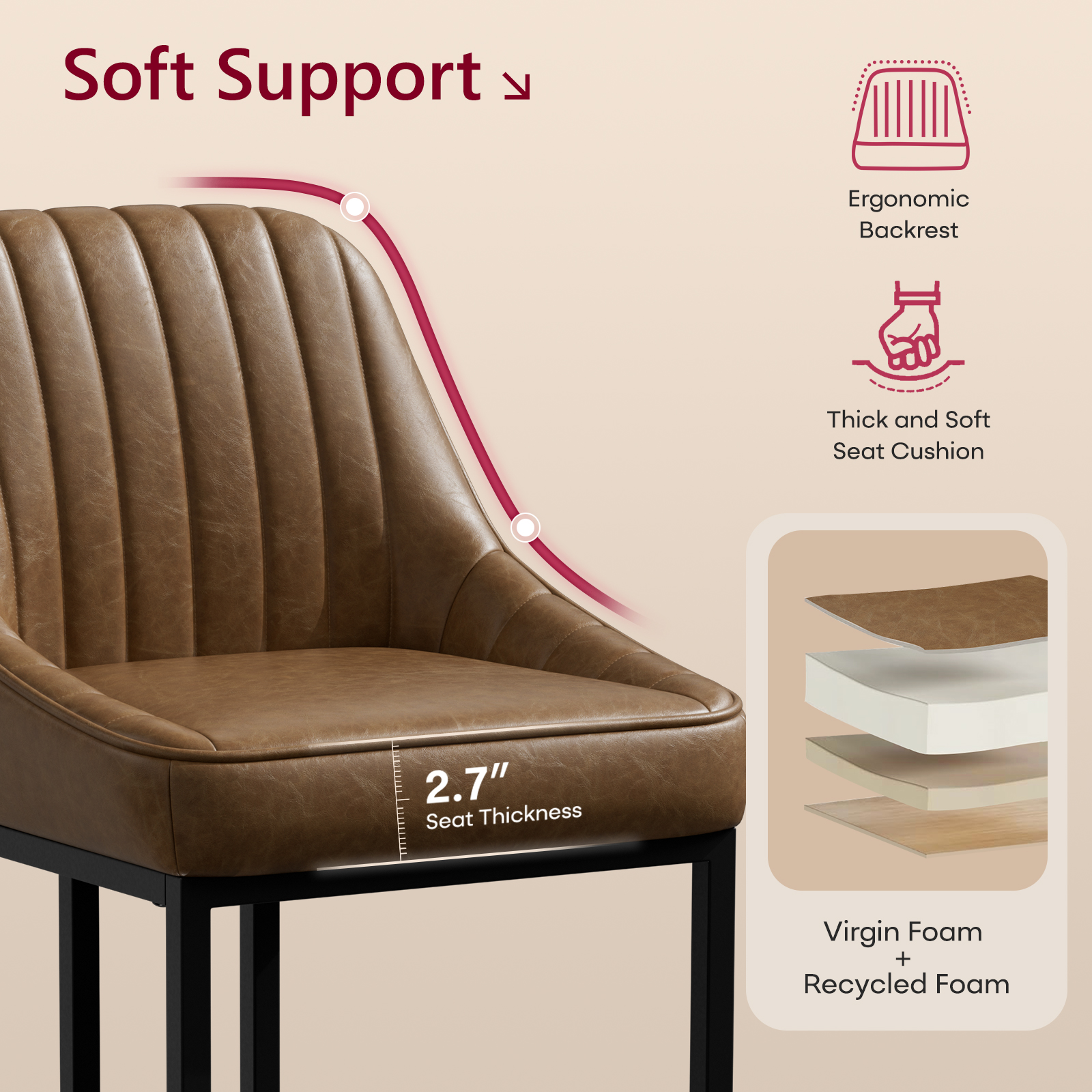 Ninecer Counter Height Bar Stools, Low Back PU Leather Upholstered Bucket Seat Bar Chairs with Metal Legs, Modern Kitchen Island Counter Chairs for Dining Room, Set of 2, 300lbs,Brown - Image 6