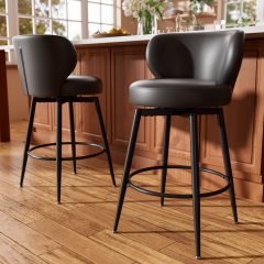 Ninecer 26" Counter Height Bar Stools Set of 2, 360° Swivel PU Leather Bar Chairs with Low Back, Upholstered Round Seat & Metal Legs, Modern Kitchen Island Counter Chairs 300LBS, Black