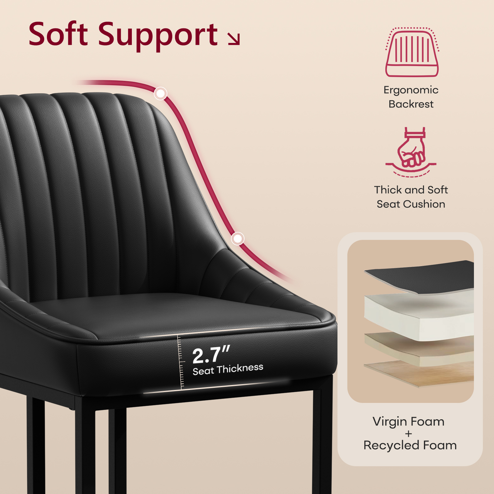 Ninecer Counter Height Bar Stools, Low Back PU Leather Upholstered Bucket Seat Bar Chairs with Metal Legs, Modern Kitchen Island Counter Chairs for Dining Room, Set of 2, 300lbs,Black - Image 7